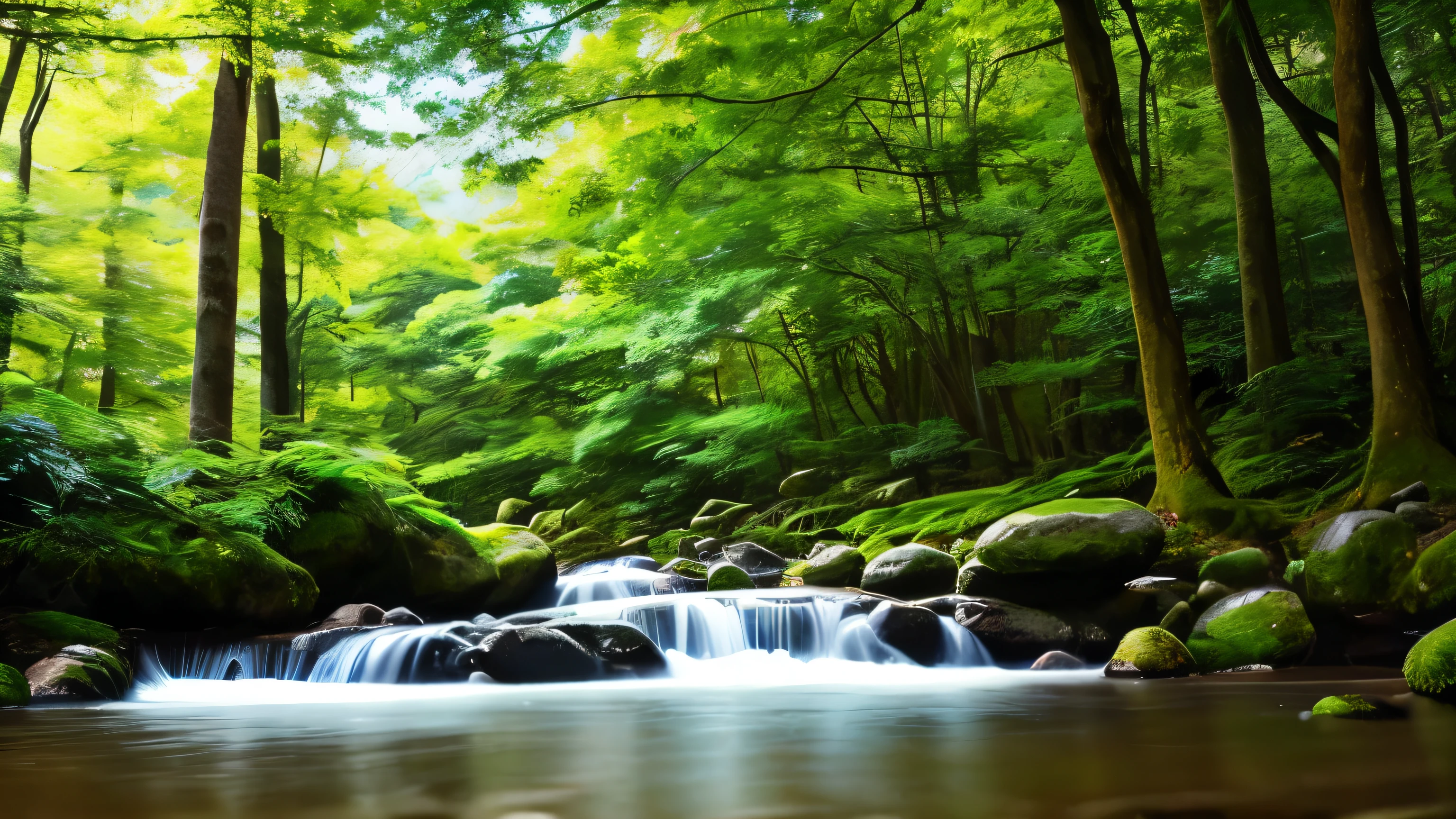 I took a photo of a peaceful moment spent in nature..。wood々Imagine a peaceful landscape bathed in soft morning light.。.。a gentle meandering stream、Surrounded by lush greenery。In the foreground、a person sitting quietly on the shore々、do you meditate?、Perhaps they are simply soaking in the calmness of their surroundings.。The overall atmosphere is calm and connected to the natural world.、Highlights the beauty and serenity of outdoor moments。






