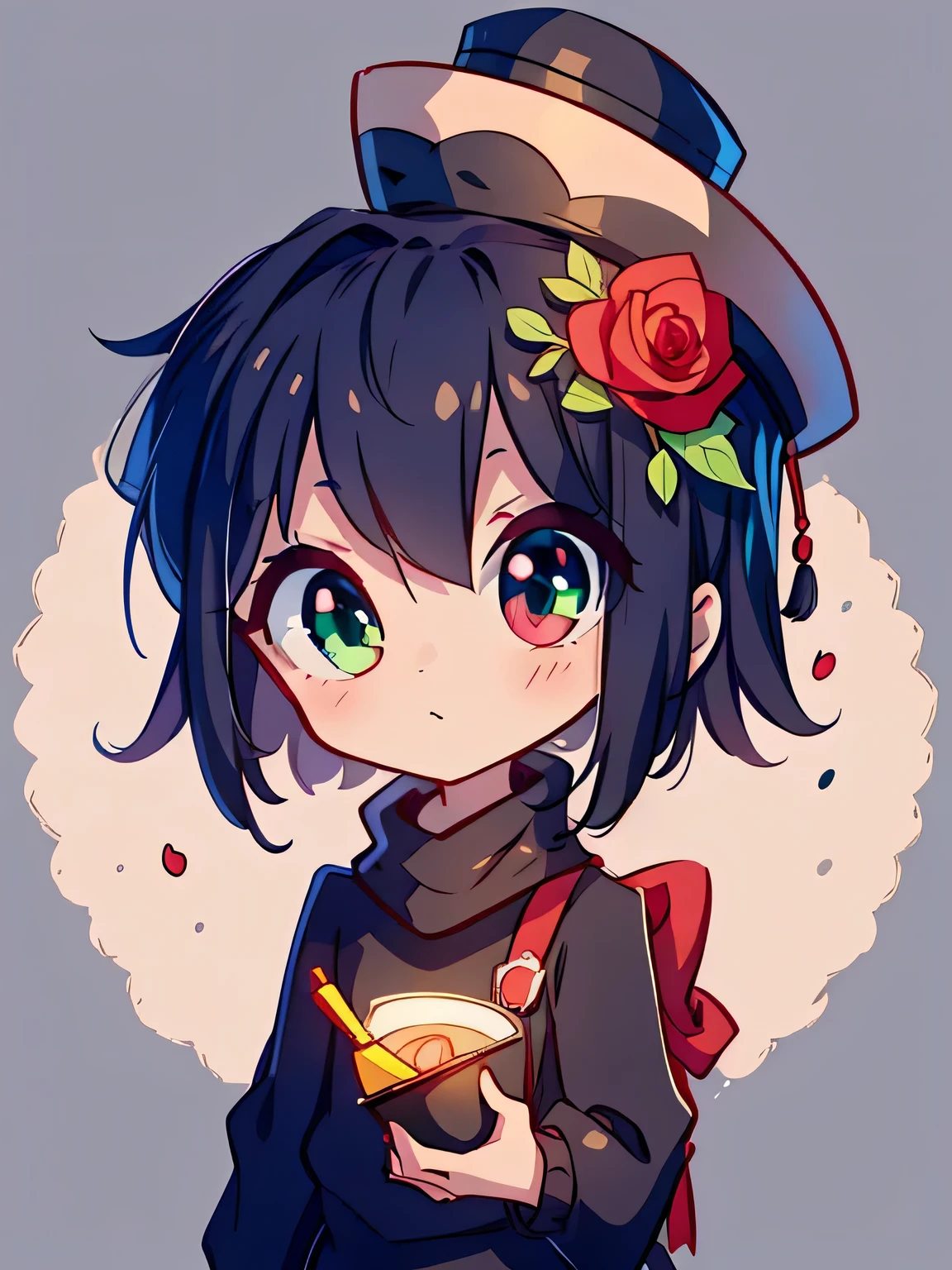 A Boy , green eyes , black hair , black shirt , looking 2d, masterpiece, best quality, anime, highly detailed eyes, highly detailed face, highly detailed background, perfect lighting, , wearing hat , wearing red scarf , symbol-shaped pupils, flower-shaped pupils, hat, red flower, red eyes, cherry blossoms,chibi , cute , small chibi:1.5 , :1.7