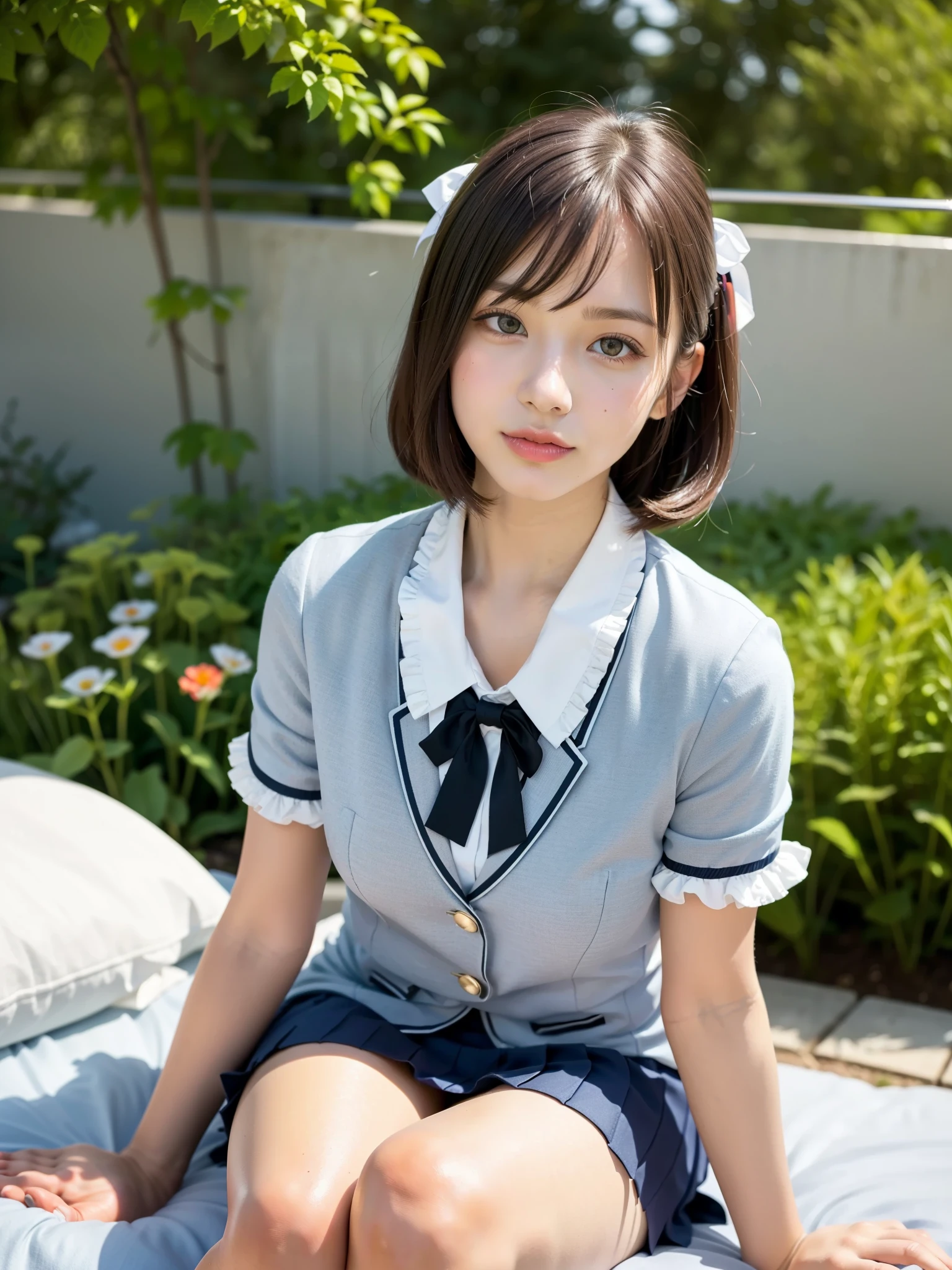 ((Best of the highest quality, 8k, Masterpiece: 1.3, raw photo)), Sharp focus: 1.2, (1 AESPA girl: 1.1), (Solo: 1.18), (realistic, photo-realistic:1.37), face focus, cute face, finely eyes, (Small breasts, flat chest, Thigh: 1.3), (wearing blazer school uniform dress:1.32), (multilayer-skirt), ((ribbon, frills):1.38), (thigh boots:1.2), short messy hair, updo, (sitting on bed, from below, garden: 1.32)