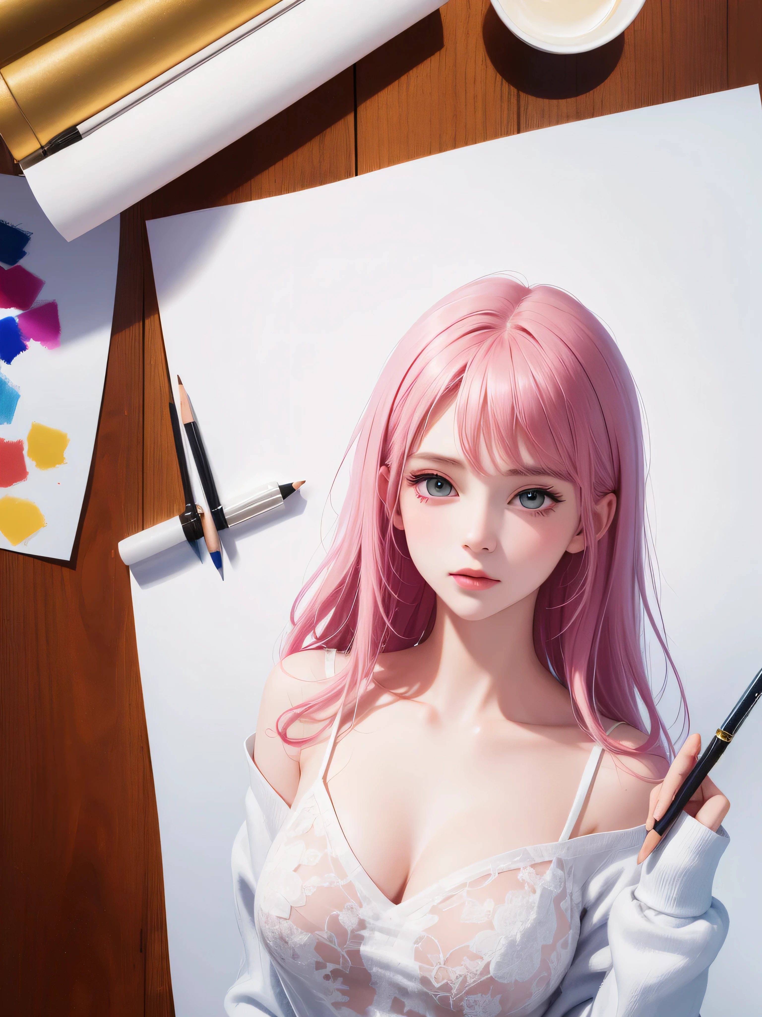 masterpiece,high quality,beautiful wallpaper,16k,photo shoot,1 girl,alone,ink stains,ink painting,((paper)),holding paper,((drawing girls on paper)),pencil,