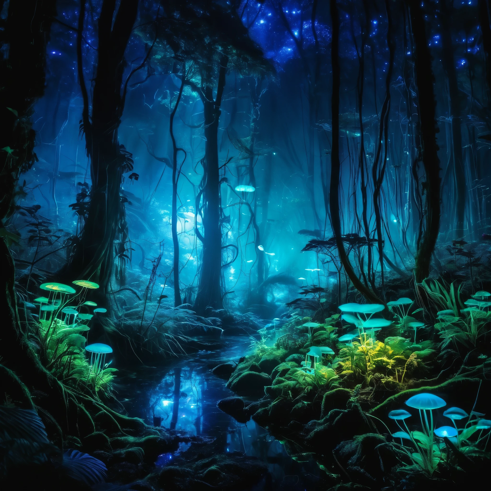 A mythical forest with bioluminescent plants and creatures glowing in the dark.