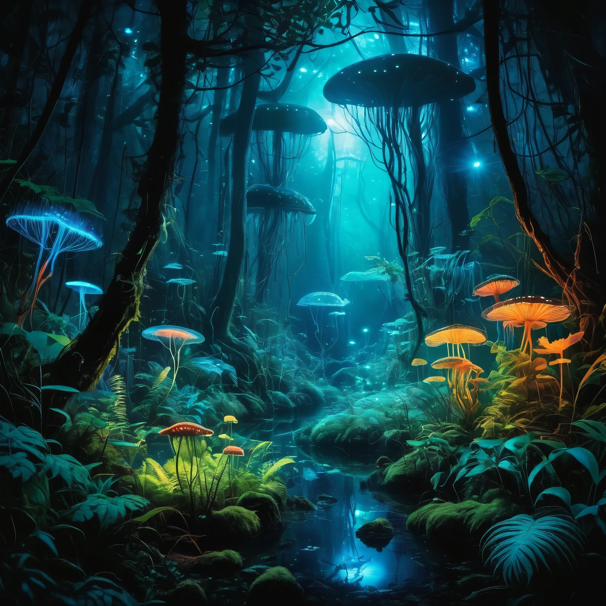 A mythical forest with bioluminescent plants and creatures glowing in the dark.