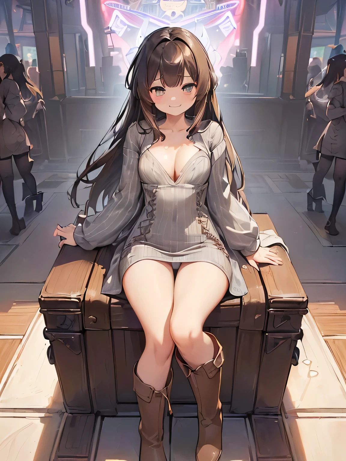 (masterpiece、highest quality、High resolution、realistic pictures、real looking skin:1.1), (She is wearing a tight gray knit minidress with long sleeves。.:1.5), (There is a small gap in the chest of that dress.、I can see the cleavage.:1.5), 1 Japanese woman, beautiful eyes, shining eyes, brown hair, medium long hair, OL, (I rolled up the hem of my dress and took off my panties.々I'Iはそれを人に見せています:1.8), (brown long boots:1.8), (fancy pattern panties: 1.5), (provocative and grinning expression:1.5), (The place is an amusement park with no people.:1.5), (full body figure:1.5), NSFW