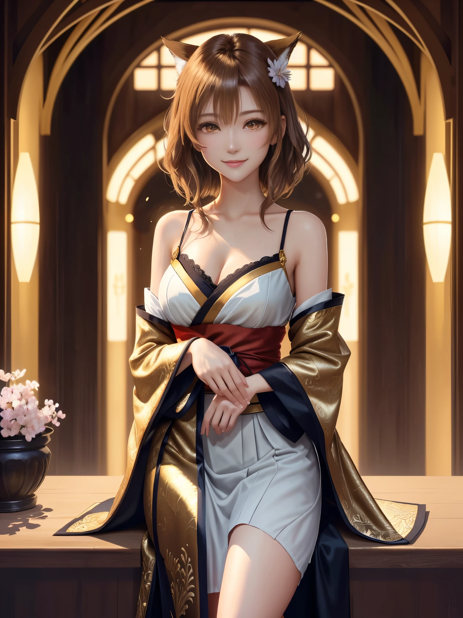 masterpiece , best quality,smile,smile,small face,shoulder exposure,golden kimono,less cleavage exposure,light brown hair,beautifully curled hair,slender body shape,brown eyes,Contrast faithfully reproduced,short hair,Beautiful short hair,Berry Short,short cut hair,just one person,precision quality,Faithfully reproduced eyes, The surroundings are shining gold,golden aura around the body,golden shining background,masterpiece,night,nightの背景,golden background,cherry blossom background,beautiful details, colorful, delicate details, delicate lips, intricate details, genuine, ultrargenuineista, 枝に座っている色とりどりの髪のFoxを持つ女の子:Mature, bright eyes, ,色とりどりのFox, raposa de nine tails, 三尾Fox, 三尾Fox, onmyoji detail art, beautiful fine art illustration, mythical creatures, Fox, beautiful digital art,shrine maiden,hold hands,exquisite digital illustration, mizutsune, Inspired by mythical wild web creatures, pixiv in digital art, shining light, high contrast, Mysterious,