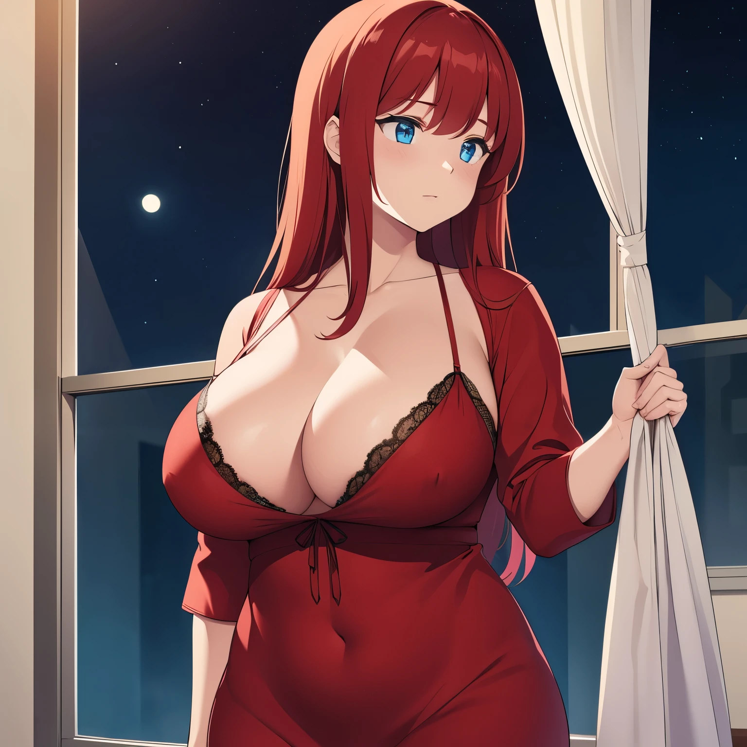Beautiful chubby red haired woman, long messy hair, beautiful blue eyes, thick thighs, wearing a red night gown, large chest, cleavage, looking out the window at the full moon,