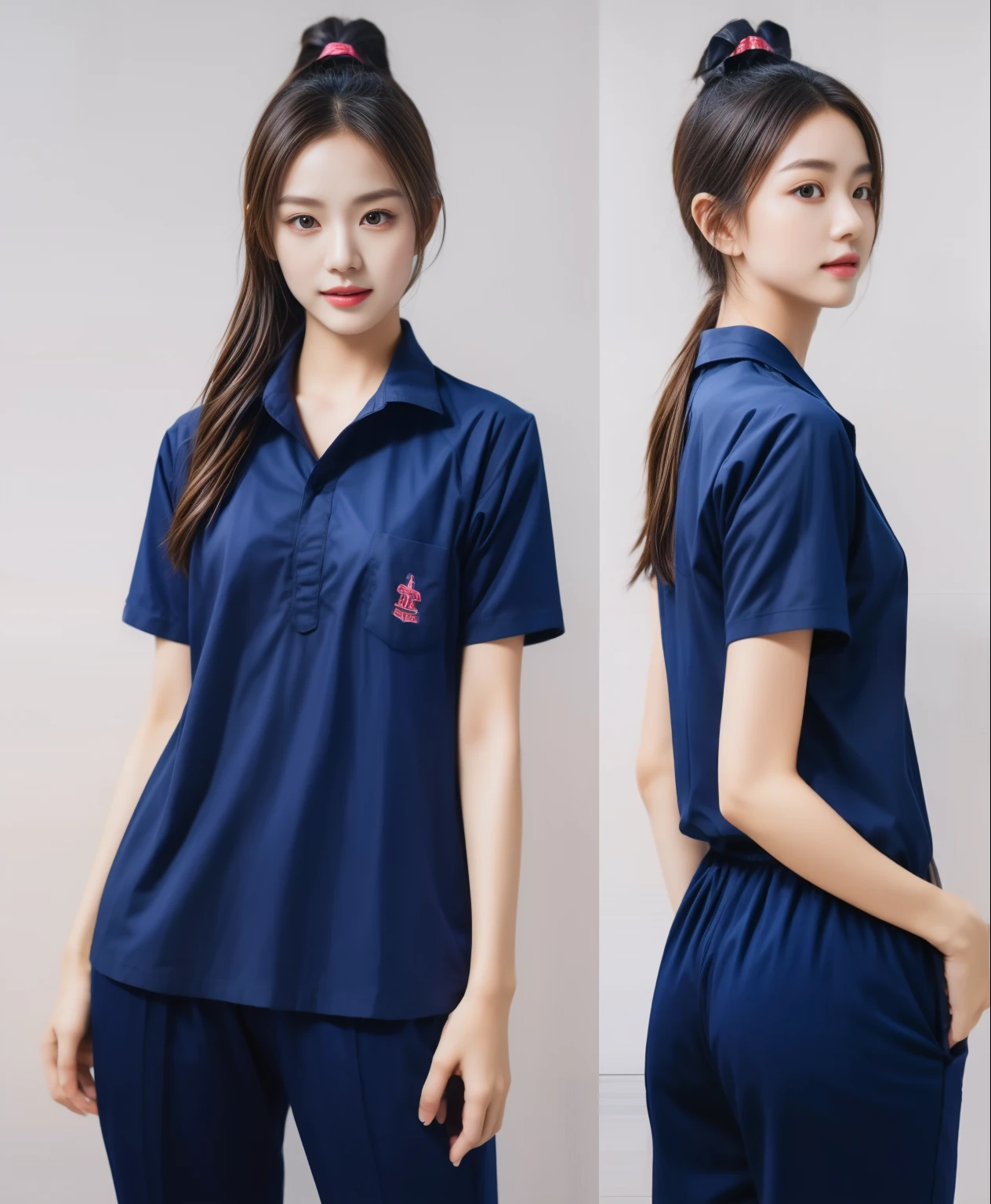 (best quality,10,10,height,Masterpiece:1.2),Special details,(realistic,ภาพrealistic,Realistic photos:1.37),1 Cute girl in the kitchen,shiny, ผิวshiny,only,smile softly,BDclothelue shirt:1.3)),short sleeve,shirt, กางเกงขาlong.,(navy_long_track pants:1.1), ((Kitchen Background)),Dynamic angle,excited,Face focus,dynamic poses,from behind,focus on ass,Masterpiece, best quality, ultra realistic, hyper detail, 8k resolution, raw photos, Sharp focus, ((Navy blue shirt:1.1)), short sleeve, เส้นทางlong, perfect body, 2 mature women, 18 years old, Cinema-grade lighting system,blue sweatpants,shirtผ้าออกกำลังกาย,correct anatomy,perfect body, correct body, Sharp face, correct bodyทางกายวิภาค, full body, realistic gestures, long-haired, realistic poses,Wear long shorts...........................,ช่วงขาlong,Good shape,carved girl, Slender figure, model, Good shape, beautiful body,blue sweatpants, two girls kissing