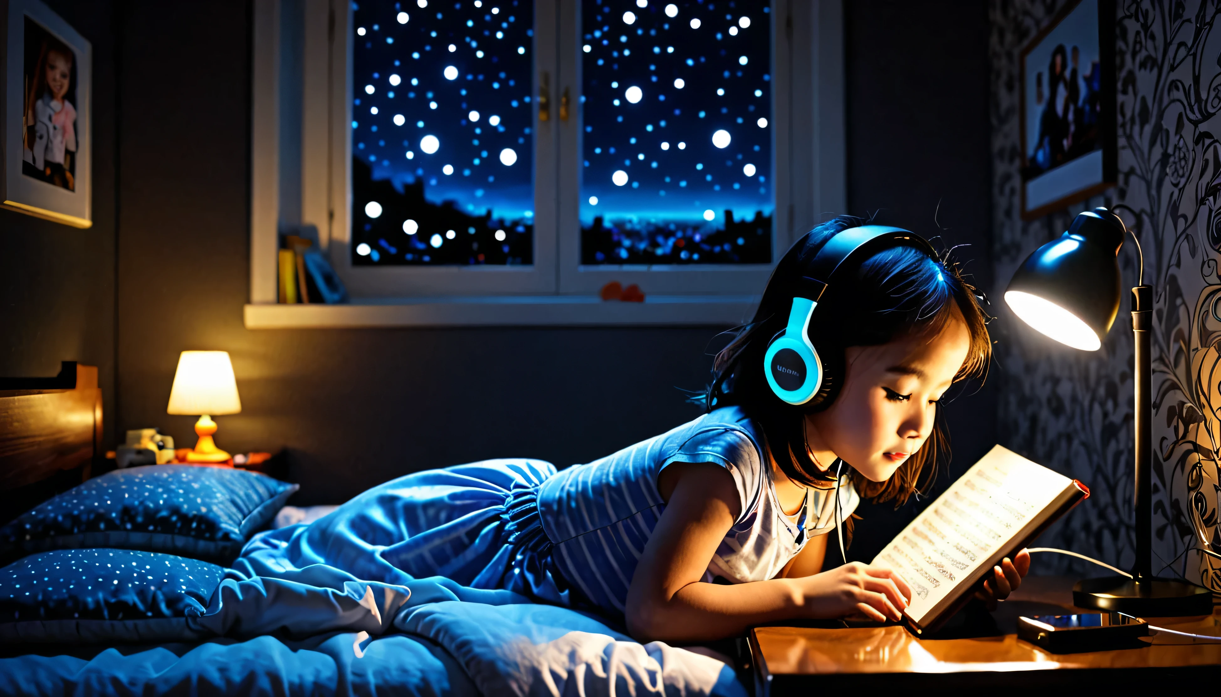 Highres, masterpiece, room, earphone, music, handphone, 1 girl, dark room, beautiful girl, cute, 6 yo, night lamp