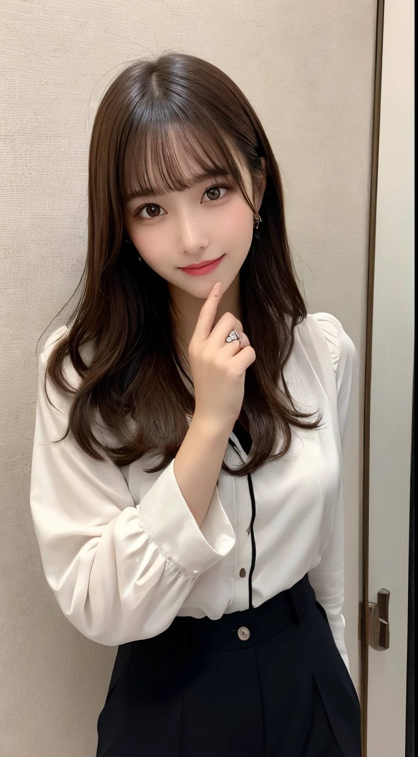 table top, highest quality, shape, Super detailed, finely, High resolution, 8k wallpaper, 完璧なダイナミックな構shape, beautiful and detailed eyes,small ,natural color lip, smile、20 year old girl、cute、looking at the camera,perfect and beautiful face,Take only the face,beautiful and detailed face、slim face and style,Big eyes、Do gal makeup,real photos、long sleeve blouse、slacks pants style