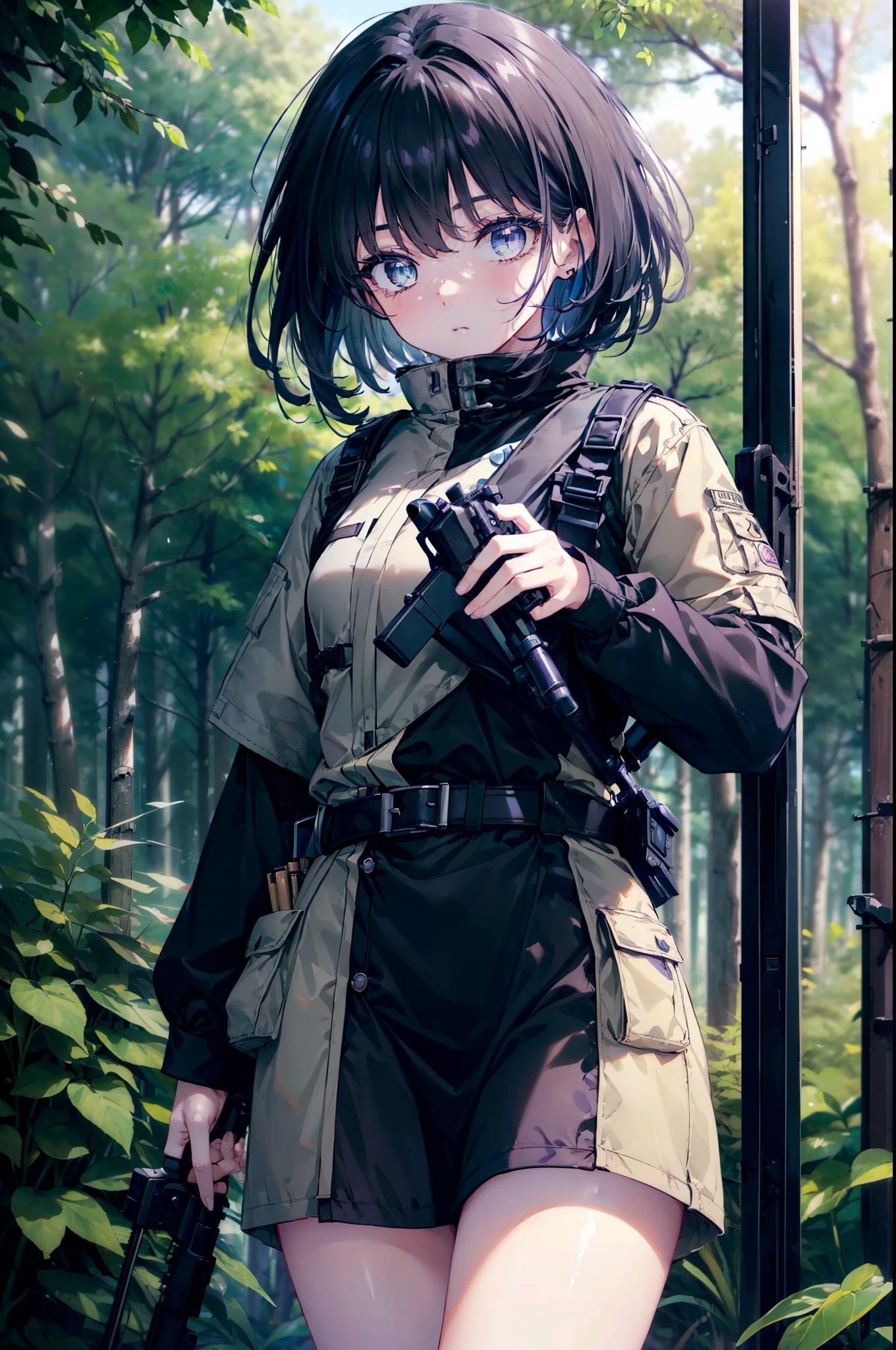 Takiuchi Kame, check it out, short hair, bangs,  black hair, (purple eyes:1.2),uniform,army trousers,ARMY BOOTS,((Hold a sniper rifle)), ((Bolt-Action Rifles),
break outdoors, forest,forest林
break looking at viewer, (cowboy shot:1.5),
break (masterpiece:1.2), highest quality, High resolution, unity 8k wallpaper, (figure:0.8), (detailed and beautiful eyes:1.6), highly detailed face, perfect lighting, Very detailed CG, (perfect hands, perfect anatomy),