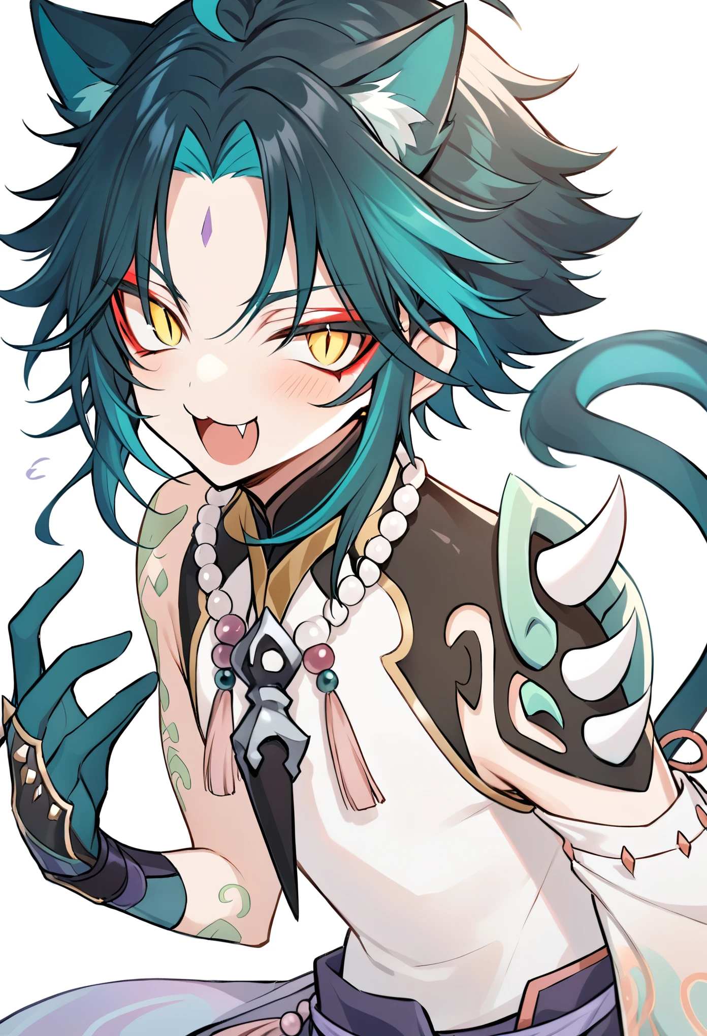 none background, white basic background, cat ear, cat tail, slight blush, craw pose, open mouth, meow mouth, :3, five finger, (\xiao\), 1boy, solo, male focus, jewelry, beads, bead necklace, ahoge, bangs, tassel, makeup, red eyeshadow, slit pupils, eyeshadow, Perfect Hands