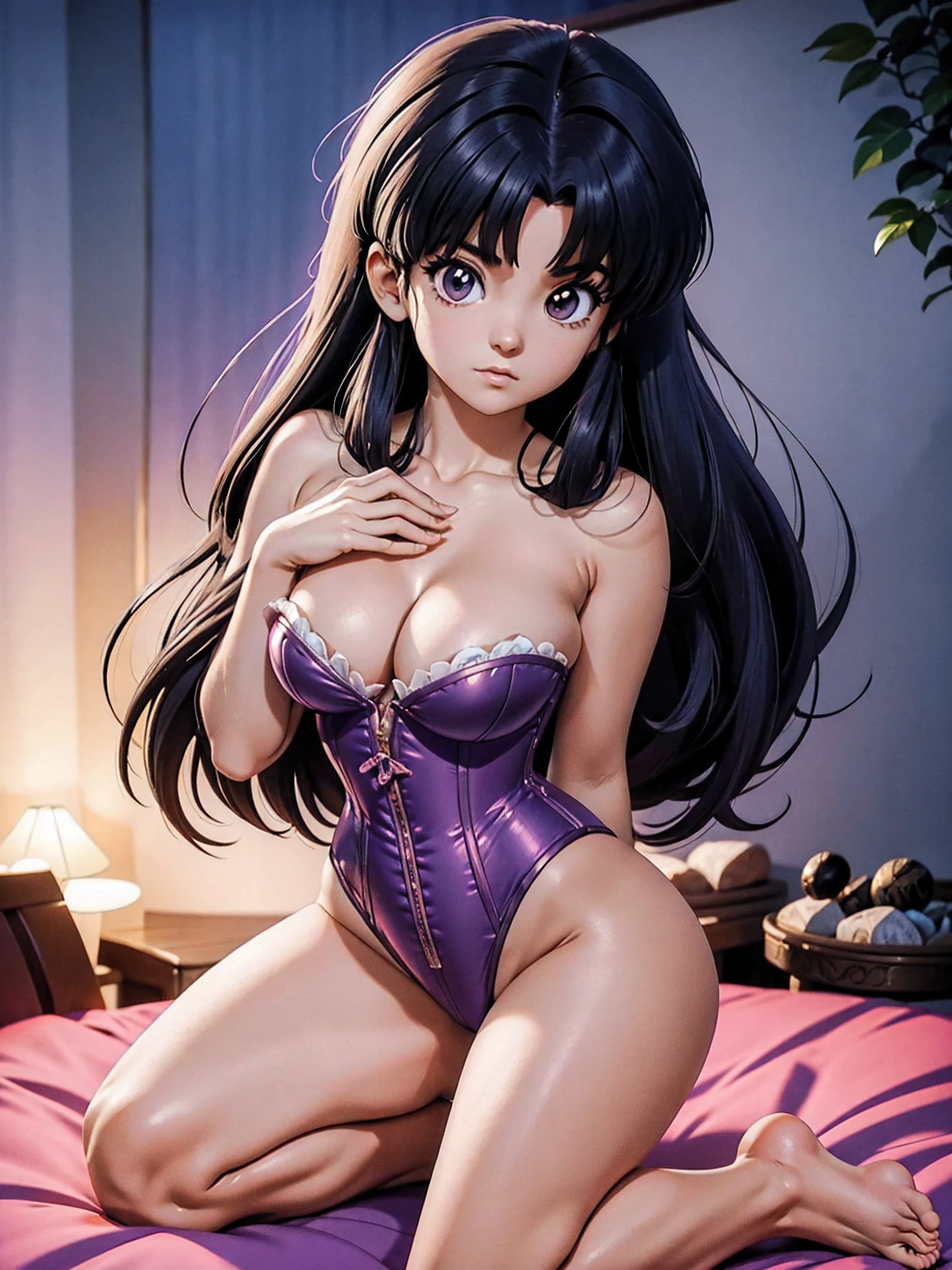 Dark-haired anime girl in purple swimsuit and corset, 16 anos, corpo bonito, seios grandes, com as hands on chest, hands on chest, Garota sexy, purple cabelo, mechas de cabelo laterais, mechas de cabelo na lateral do rosto, beautiful lighting, sombras suaves, olhos azuis, pernas bonitas, cabelo curto, estilo anime, personagem Akane Tendo, Autora Rumiko Takahashi, Baseado em obra de Rumiko Takahashi, Anime Ranma 1/ 2, decote sexy, quadril robusto, corpo inteiro, corpo inteiro, busto grande, garota jovem com corpo belo e bonito, sandals on his feet, garota 16 anos jovem, usando maiô e corset purple, garota anime, estilo anime, beautiful feet in sandals, 45° viewing angle, ao ar livre, peito grande, seios bonitos, cabelo preto, sandals on the feet, pernas bonitas, sexy, belas pernas, Sandalias, seios grandes, corpo completo, corpo inteiro, feet with sandals, anime realista, saia, sarja roxa