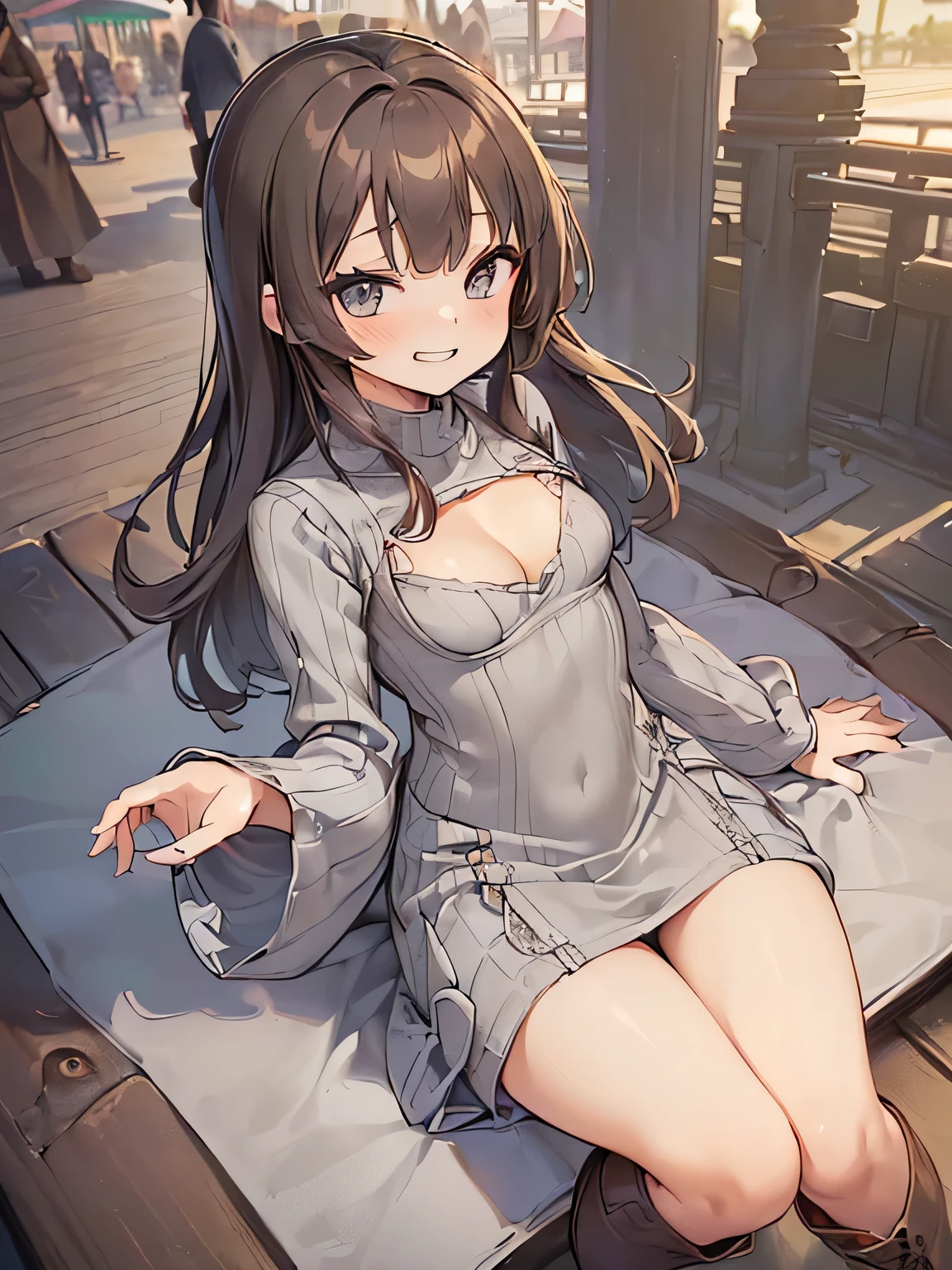 (masterpiece、highest quality、High resolution、realistic pictures、real looking skin:1.1), (She is wearing a tight gray knit minidress with long sleeves。.:1.5), (There is a small gap in the chest of that dress.、I can see the cleavage.:1.5), 1 Japanese woman, beautiful eyes, shining eyes, brown hair, medium long hair, OL, (I rolled up the hem of my dress and took off my panties.々I'Iはそれを人に見せています:1.8), (brown long boots:1.8), (fancy pattern panties: 1.5), (provocative and grinning expression:1.5), (The place is an amusement park with no people.:1.5), (full body figure:1.5), NSFW