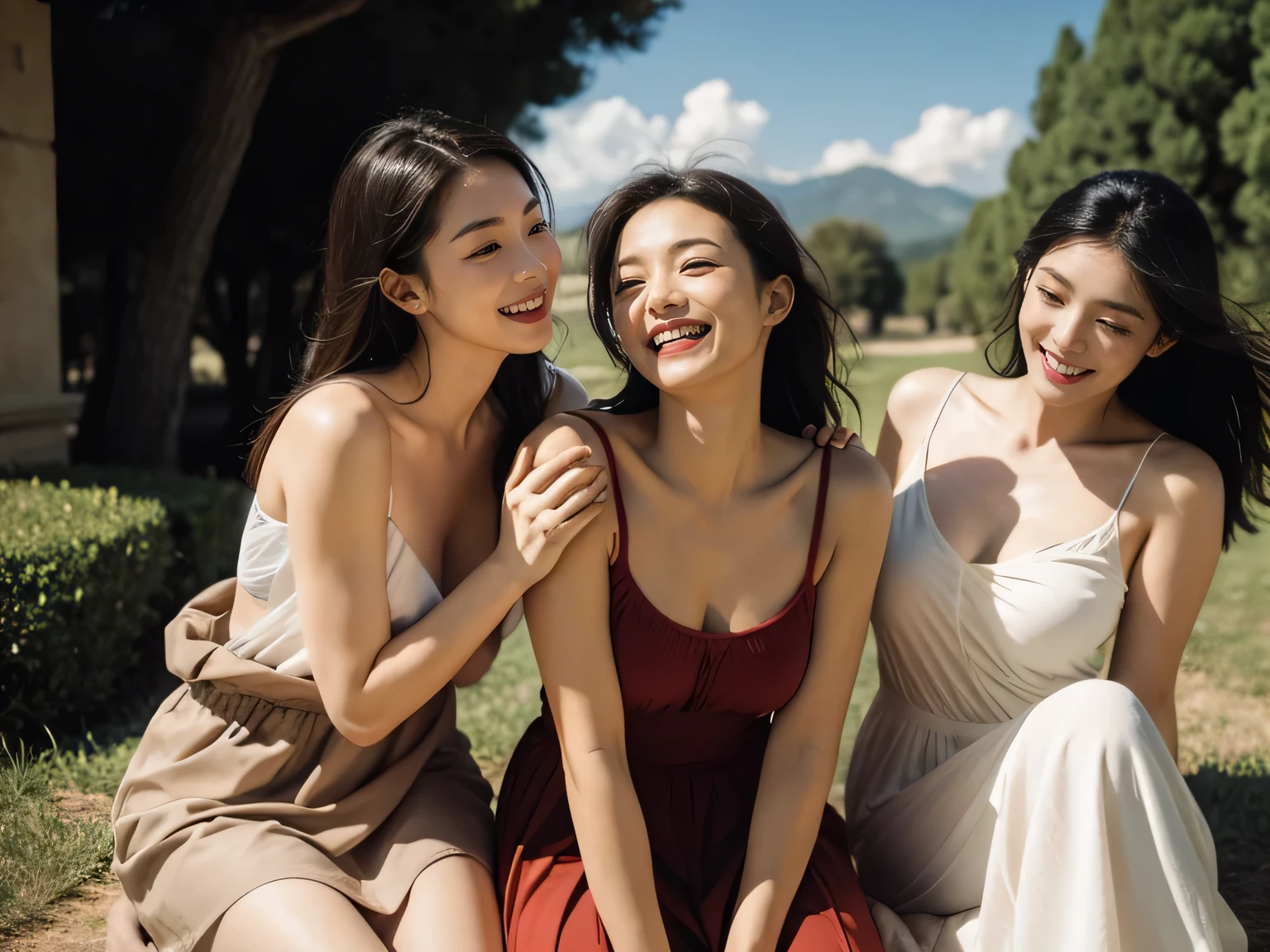 Ancient Roman landscape in the style of Nicolas Poussin,laughter,,Sweet and seductive appearance.、Caravaggio's paintings、Chiaroscuro of Caravaggio、hair tousled by the wind,Two women frolicking,cute smile, expression of ecstasy,Sexy,erotic