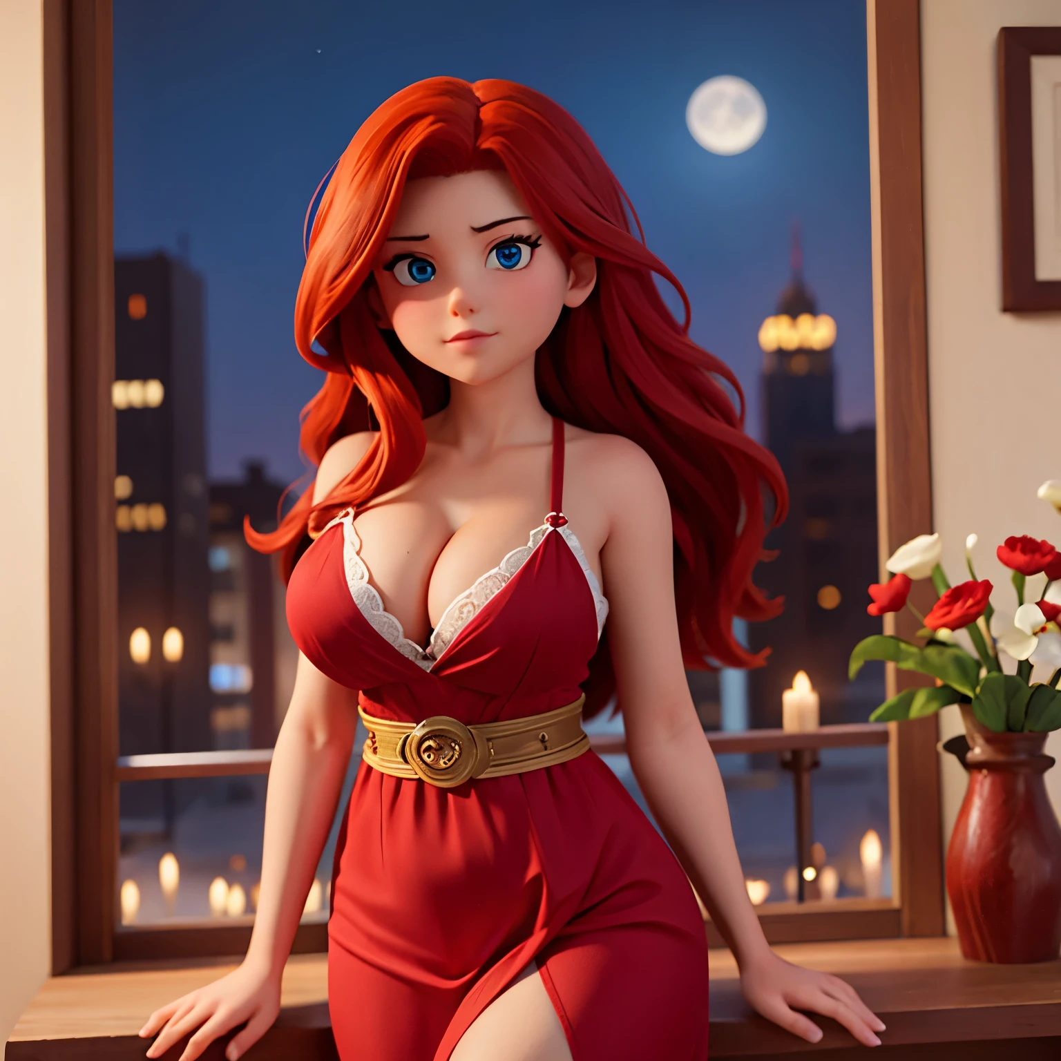 Beautiful chubby red haired woman, long messy hair, beautiful blue eyes, thick thighs, wearing a red night gown, large chest, cleavage, looking out the window at the full moon,