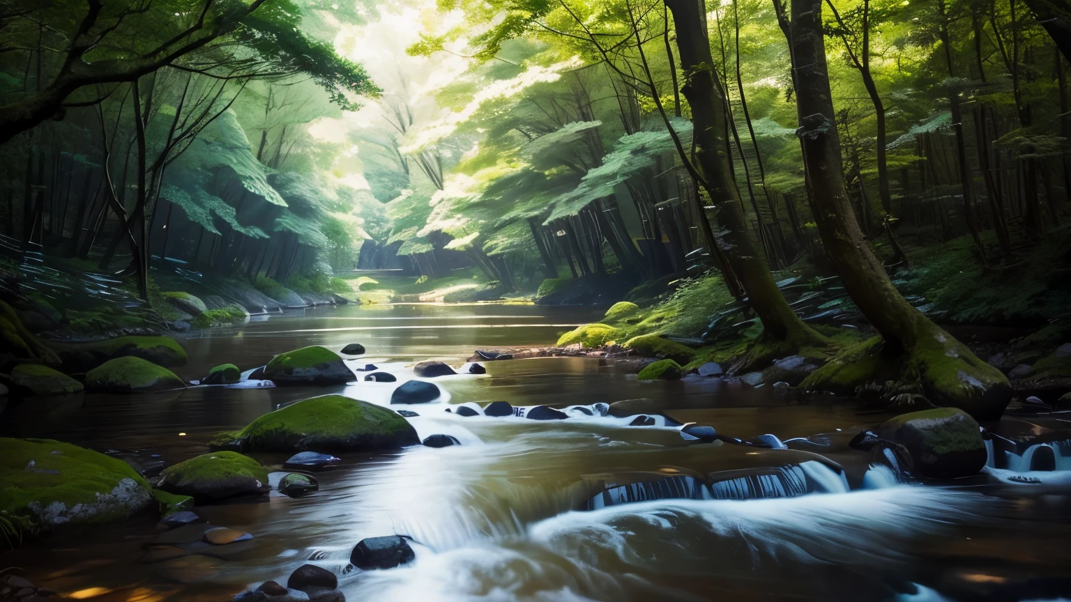 I took photos of a peaceful moment spent in nature.。wood々Imagine a peaceful landscape with soft morning light shining through the space.。A calm stream meandering、Surrounded by lush greenery。In the foreground、people sitting quietly on the bank、Are you meditating?、Perhaps they are simply soaking in the calmness of their surroundings.。The overall atmosphere is calm and connected to the natural world.、Highlights the beauty and peace of outdoor moments。






