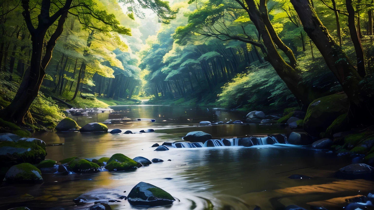 I took photos of a peaceful moment spent in nature.。wood々Imagine a peaceful landscape with soft morning light shining through the space.。A calm stream meandering、Surrounded by lush greenery。In the foreground、people sitting quietly on the bank、Are you meditating?、Perhaps they are simply soaking in the calmness of their surroundings.。The overall atmosphere is calm and connected to the natural world.、Highlights the beauty and peace of outdoor moments。






