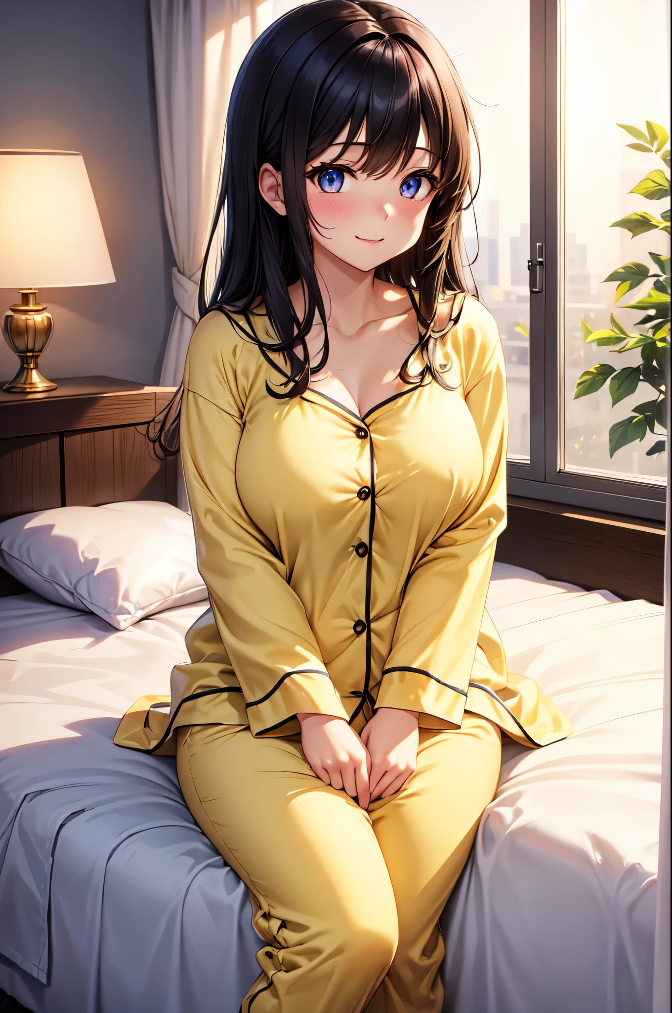 (High quality, High resolution, Fine details), BREAK (yellow costumed pajamas), (soft and cozy material), BREAK (loose-fitting), dreamy color palette, subtle lighting, gentle glow, illuminating the room, comfortable bed, solo, curvy women, BREAK black hair, sparkling eyes, (Detailed eyes:1.2), smile, blush, Oily skin, shallow depth of field
