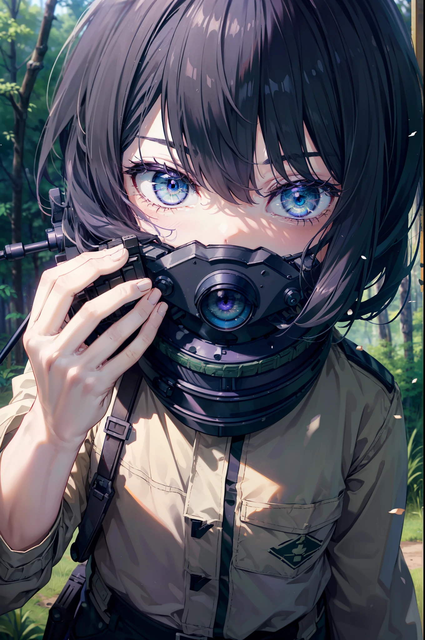 Takiuchi Kame, check it out, short hair, bangs,  black hair, (purple eyes:1.2),uniform,army trousers,ARMY BOOTS,forest林に隠れている,Preparing for life while looking through the scope,((Hold a sniper rifle)), ((Bolt-Action Rifles),
break outdoors, forest,forest林
break looking at viewer, (cowboy shot:1.5),
break (masterpiece:1.2), highest quality, High resolution, unity 8k wallpaper, (figure:0.8), (detailed and beautiful eyes:1.6), highly detailed face, perfect lighting, Very detailed CG, (perfect hands, perfect anatomy),