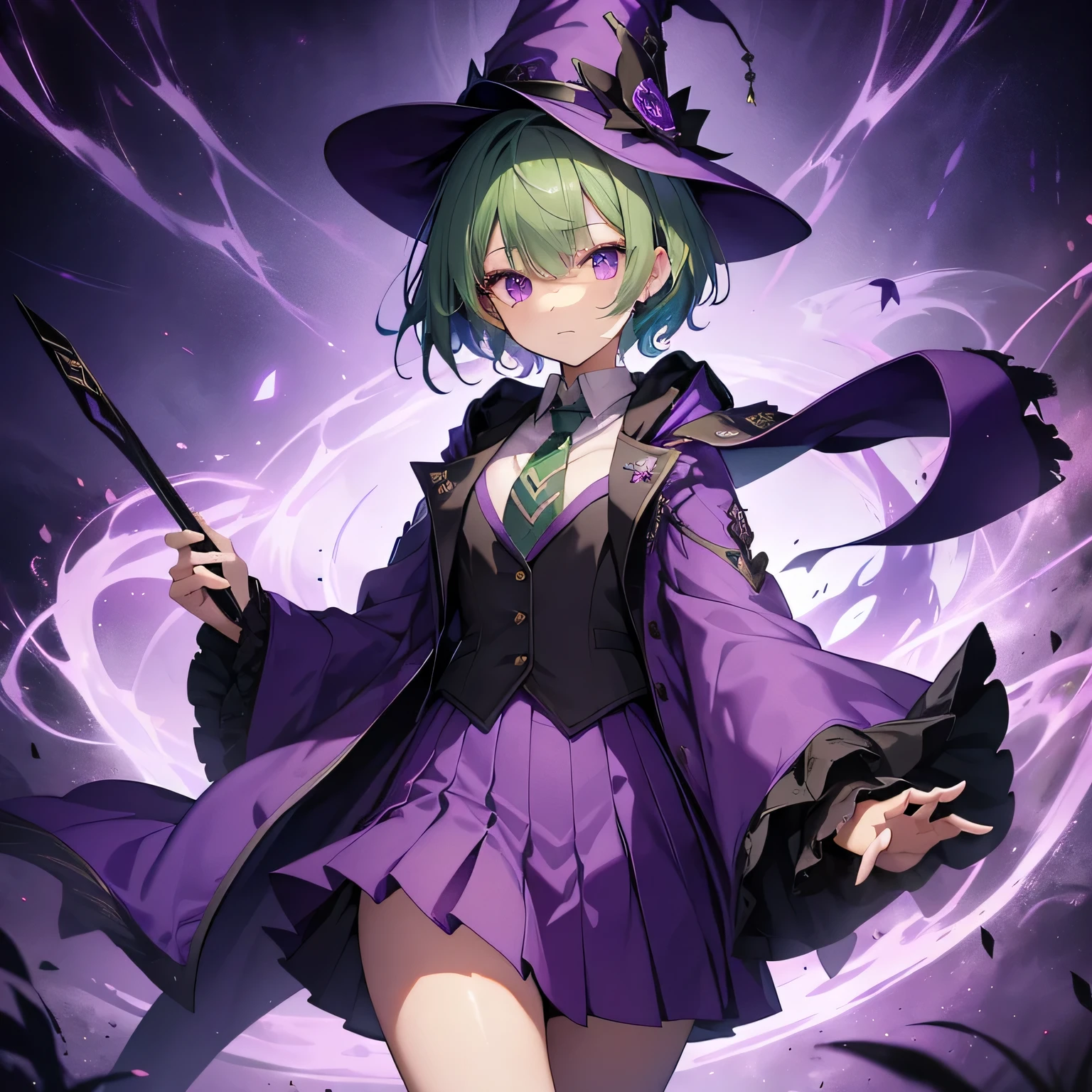 highest quality、very delicate and beautiful、(age girl)、purple eyes、green hair、short haired、(Purple Witch Hat)、purple tie、I、short sleeve、purple skirt、tactical vest,purple wizard's robe、belly button、standing、facing the front、expression of hatred、dark background、Eye mark only
