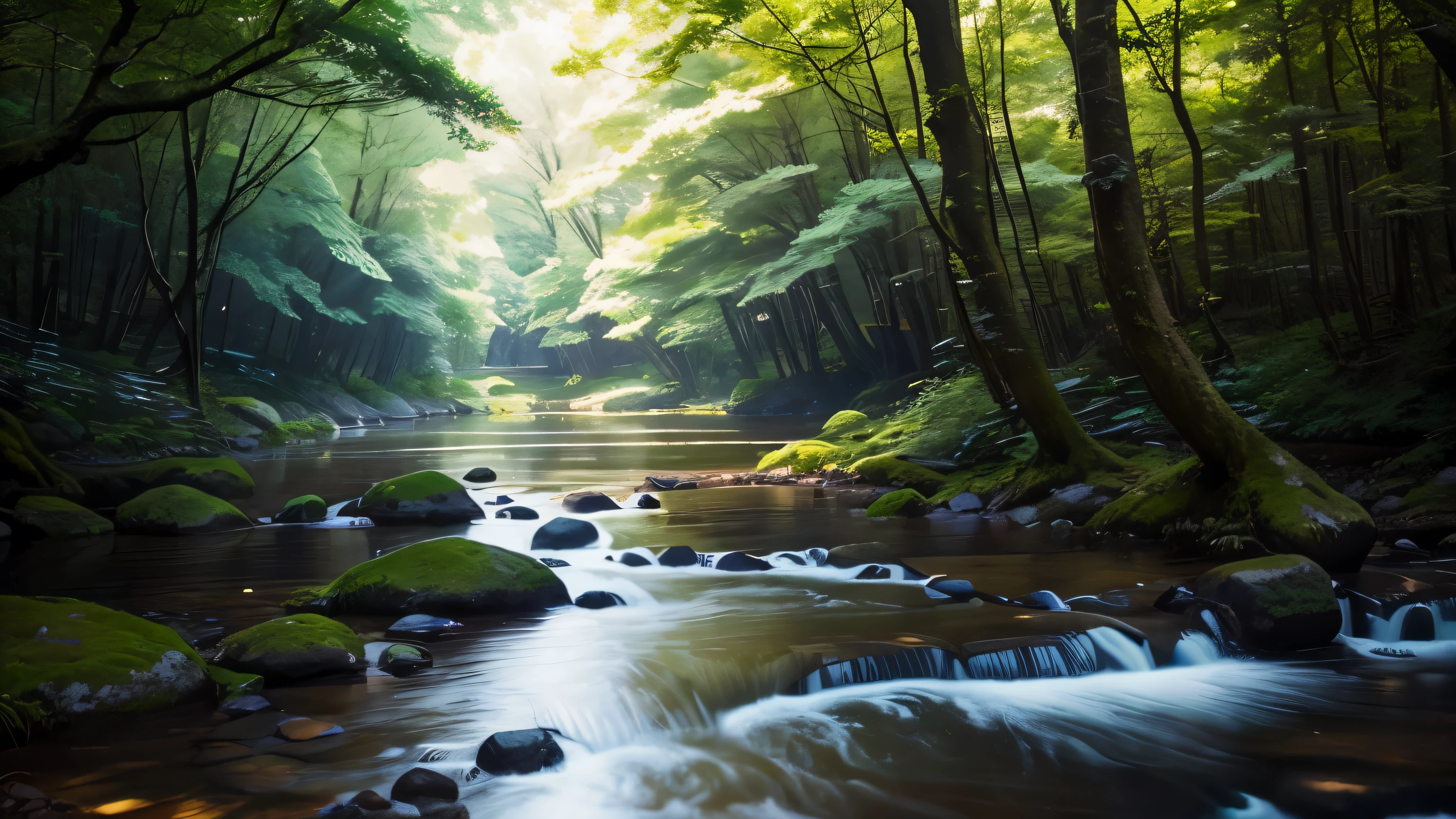 I took a photo of a peaceful moment spent in nature..。wood々Imagine a peaceful landscape bathed in soft morning light.。.。a gentle meandering stream、Surrounded by lush greenery。In the foreground、a person sitting quietly on the shore々、do you meditate?、Perhaps they are simply soaking in the calmness of their surroundings.。The overall atmosphere is calm and connected to the natural world.、Highlights the beauty and serenity of outdoor moments。