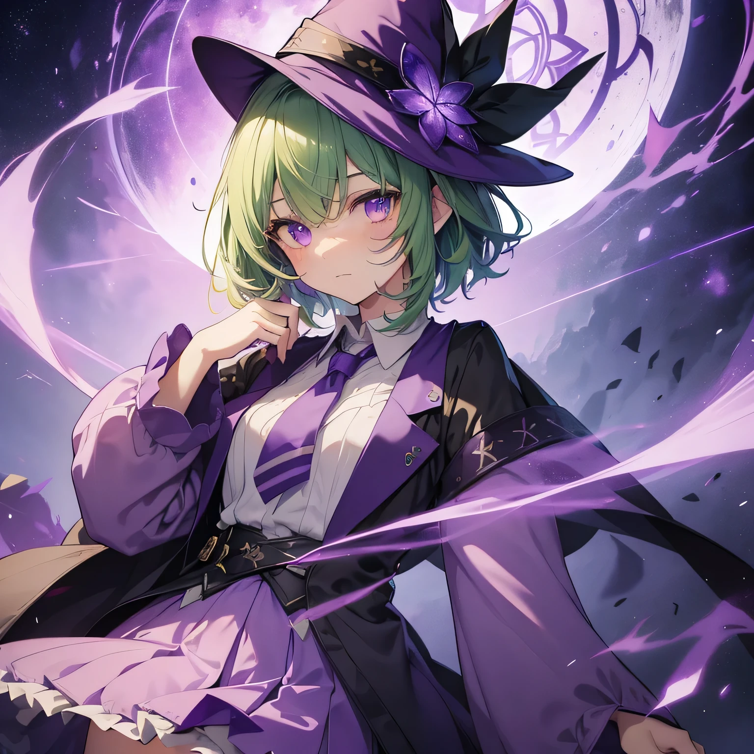highest quality、very delicate and beautiful、(teenage girl)、purple eyes、green hair、short haired、(Purple Witch Hat)、purple tie、I、short sleeve、purple skirt、tactical vest,purple wizard&#39;s robe、belly button、standing、facing the front、expression of hatred、dark background、Eye mark only