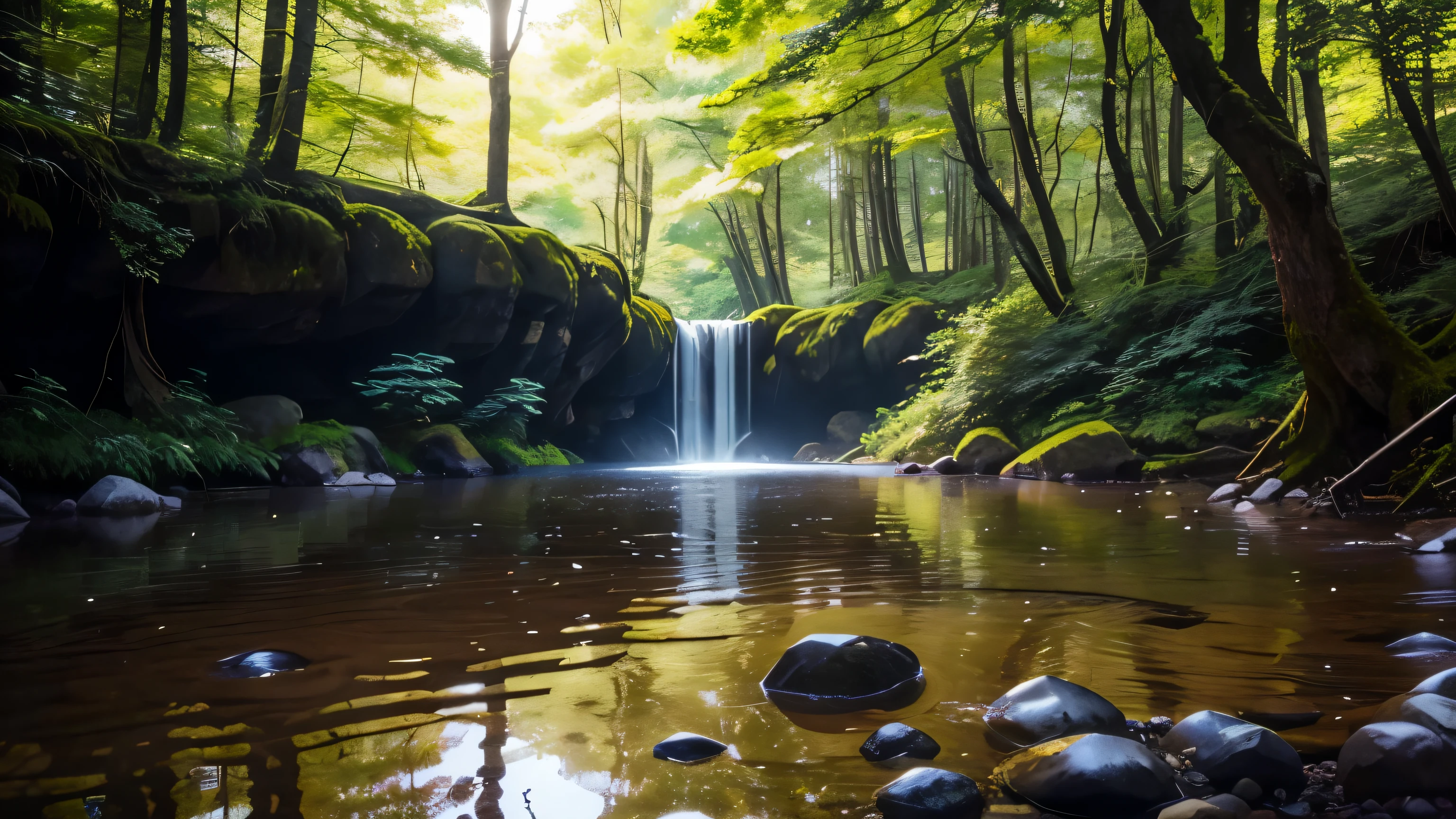 I took a photo of a peaceful moment spent in nature..。wood々Imagine a peaceful landscape bathed in soft morning light.。.。a gentle meandering stream、Surrounded by lush greenery。In the foreground、a person sitting quietly on the shore々、do you meditate?、Perhaps they are simply soaking in the calmness of their surroundings.。The overall atmosphere is calm and connected to the natural world.、Highlights the beauty and serenity of outdoor moments。