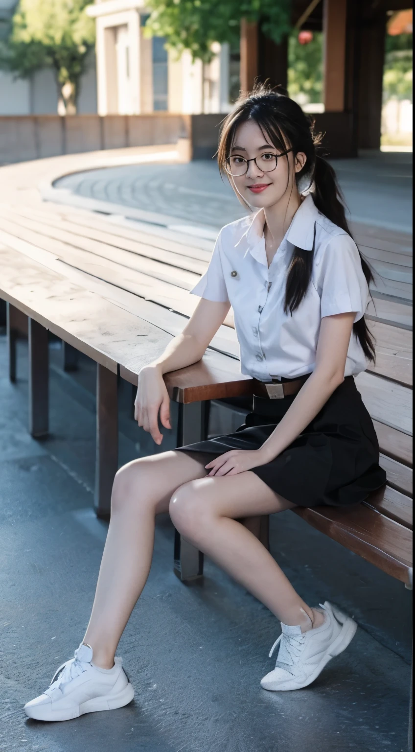 Portrait of cute young woman, white and smooth skin, slender, ponytail hairstyles, wearing student uniform, mini skirt, sitting in the café, realistic , wearing glasses 