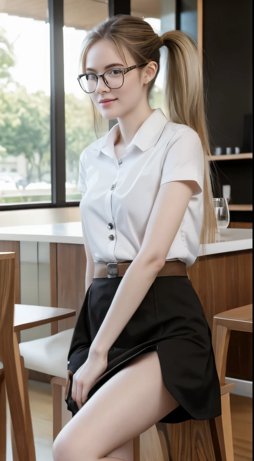 Portrait of cute young woman 22 years old, white and smooth skin, slender, ponytail hairstyles, wearing student uniform, mini skirt, sitting in the café, realistic , wearing glasses