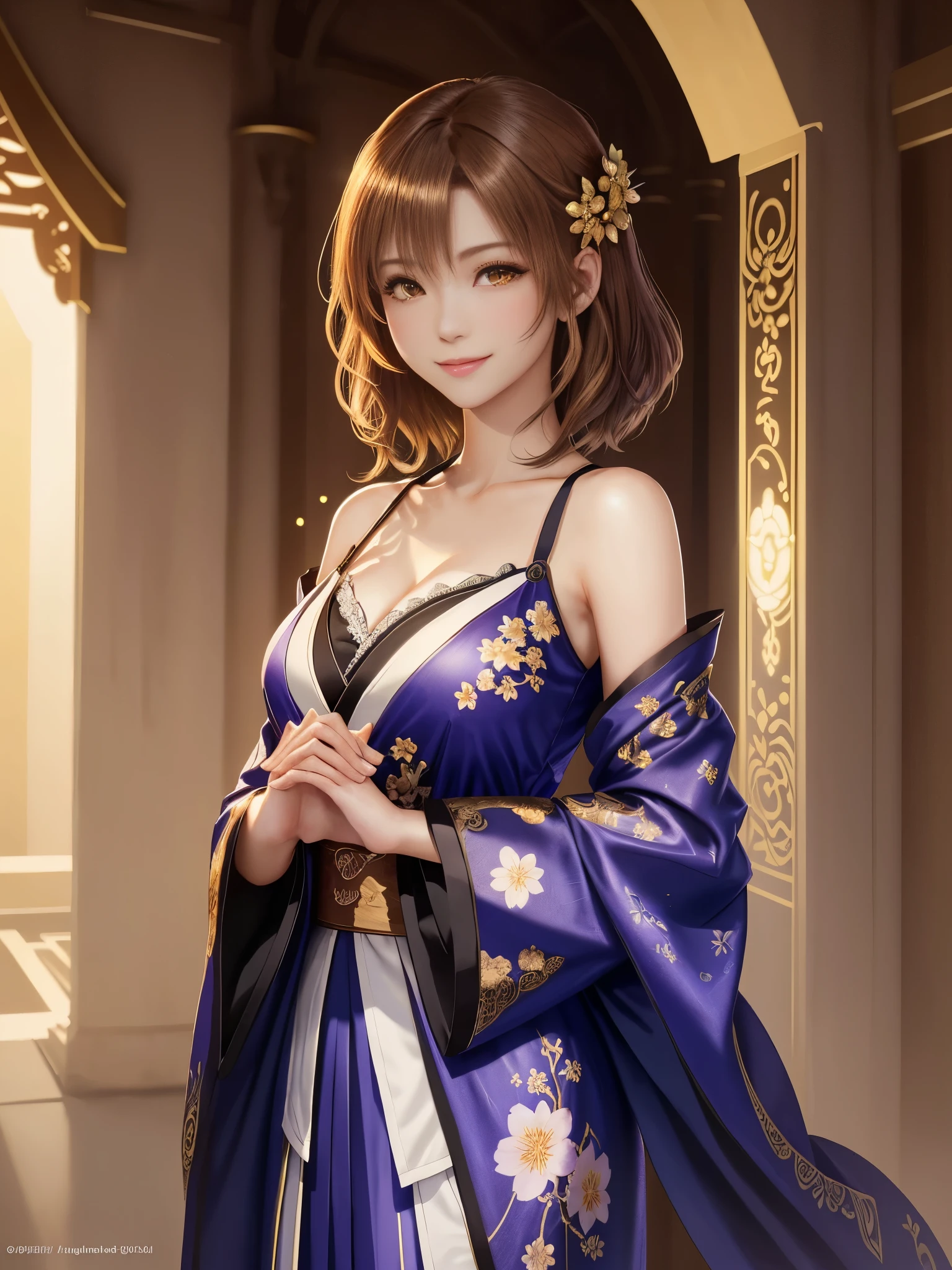 masterpiece , best quality,smile,smile,small face,shoulder exposure,golden kimono,less cleavage exposure,light brown hair,beautifully curled hair,slender body shape,brown eyes,Contrast faithfully reproduced,short hair,Beautiful short hair,Berry Short,short cut hair,just one person,precision quality,Faithfully reproduced eyes, The surroundings are shining gold,golden aura around the body,golden shining background,masterpiece,night,nightの背景,golden background,cherry blossom background,beautiful details, colorful, delicate details, delicate lips, intricate details, genuine, ultrargenuineista, 枝に座っている色とりどりの髪のFoxを持つ女の子:Mature, bright eyes, ,色とりどりのFox, raposa de nine tails, 三尾Fox, 三尾Fox, onmyoji detail art, beautiful fine art illustration, mythical creatures, Fox, beautiful digital art,shrine maiden,hold hands,exquisite digital illustration, mizutsune, Inspired by mythical wild web creatures, pixiv in digital art, shining light, high contrast, Mysterious,