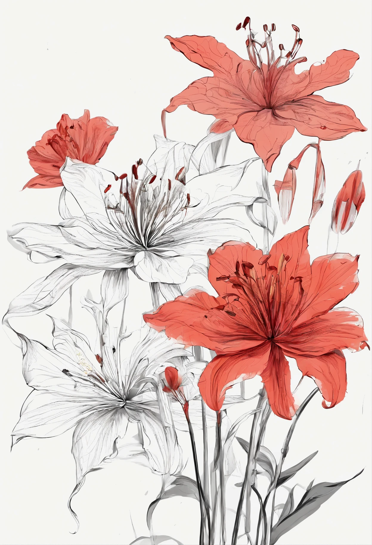 Fine depiction,planar,China-style,ink and watercolor painting,1 Red Spider Lily ON center ,Elegant lineeticuloso,Superb hand-painted,white background ,large white background