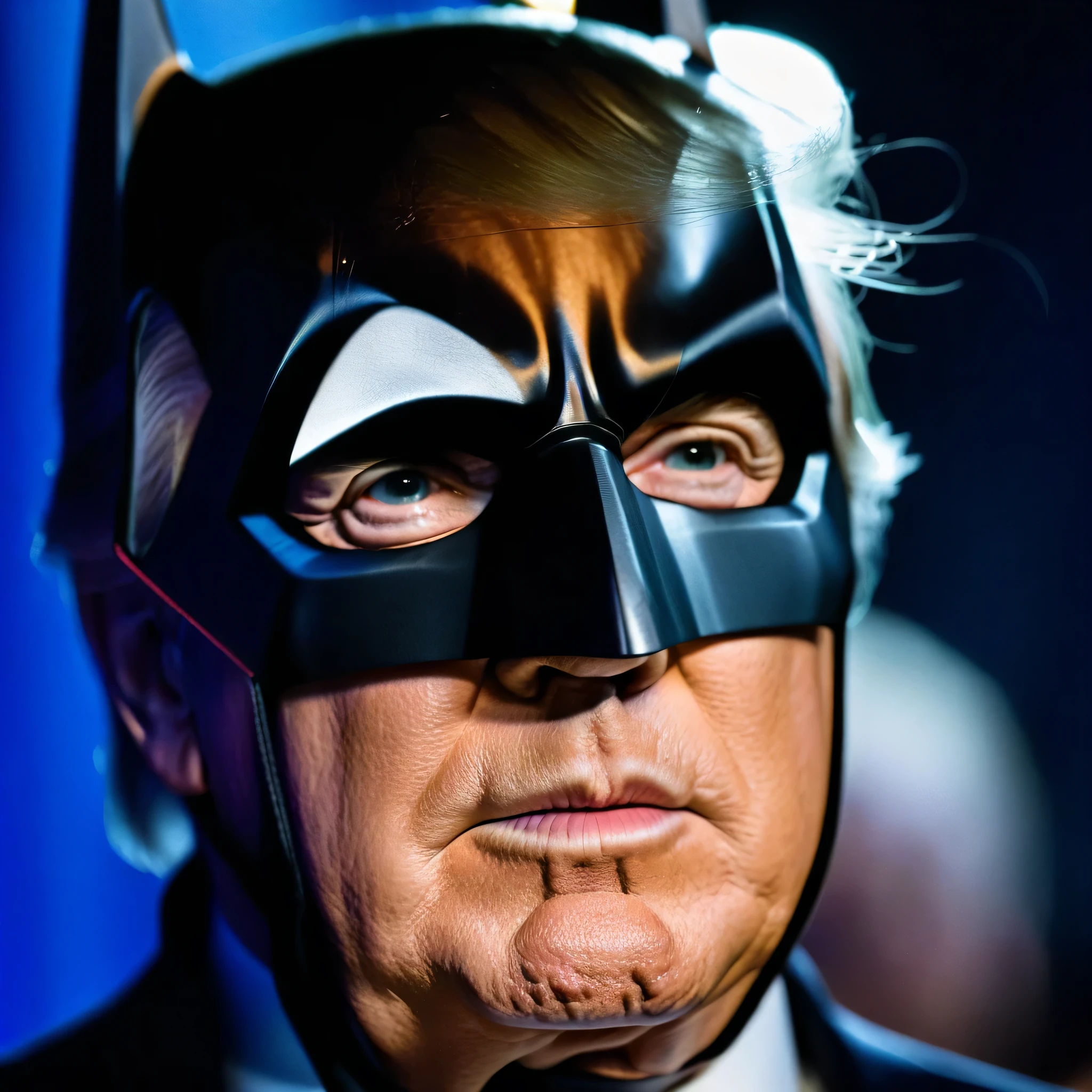 Close up photo of Donald trump :1.1 AND close up photo of Batman:1