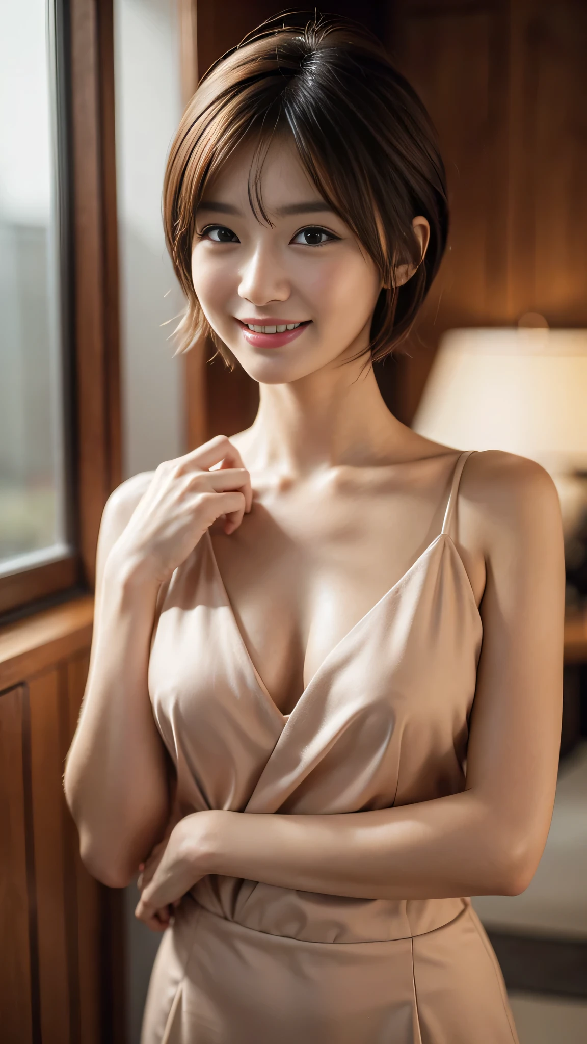 highest quality, realistic, Super detailed, finely, High resolution, 8k wallpaper, 1 beautiful woman,, light brown messy hair, wearing a business suit, sharp focus, perfect dynamic composition, beautiful and detailed eyes, thin hair, Detailed realistic skin texture, smile, upper body photo、 model body shape,smile、beauty of japan、20-year-old、short cut hairstyle、show cleavage