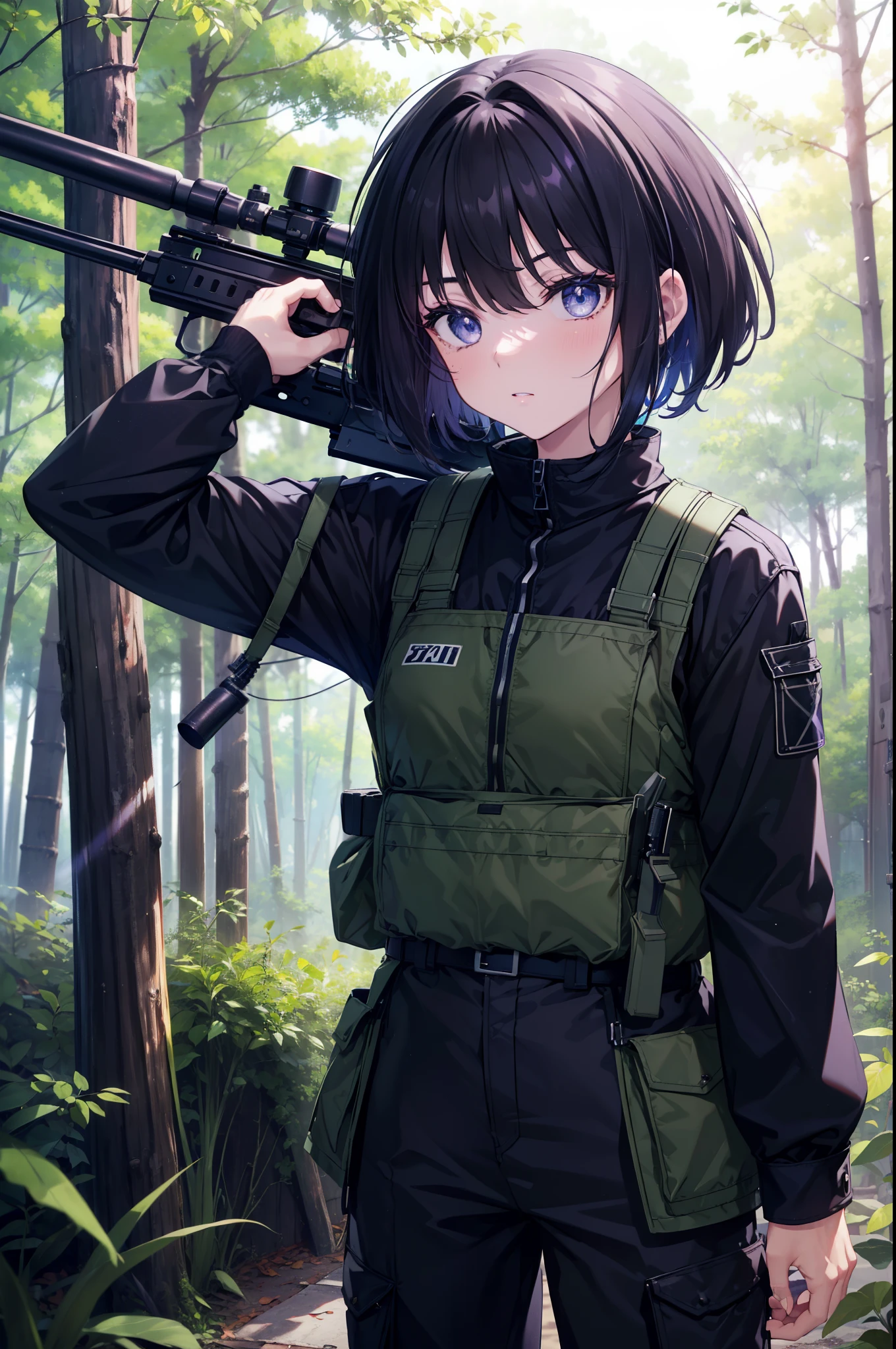 Takiuchi Kame, check it out, short hair, bangs, black hair, (purple eyes:1.2),uniform,army trousers,ARMY BOOTS,forest林に隠れている,He is preparing for a sniper life while looking through the rifle scope.,((Hold a sniper rifle)), ((Bolt-Action Rifles),
break outdoors, forest,forest林
break looking at viewer, (cowboy shot:1.5),
break (masterpiece:1.2), highest quality, High resolution, unity 8k wallpaper, (figure:0.8), (detailed and beautiful eyes:1.6), highly detailed face, perfect lighting, Very detailed CG, (perfect hands, perfect anatomy),