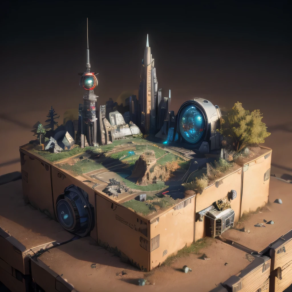 6598年Mars realistic model, (Bifurcation, original photo, best quality, masterpiece:1.4),Steampunk Cyberpunk 6820 City,(CyberpunkMars light:1.3), Mars (related to land),(in a small nature box:1.3),Isometric, small nature, landscape on foundation,landscape,