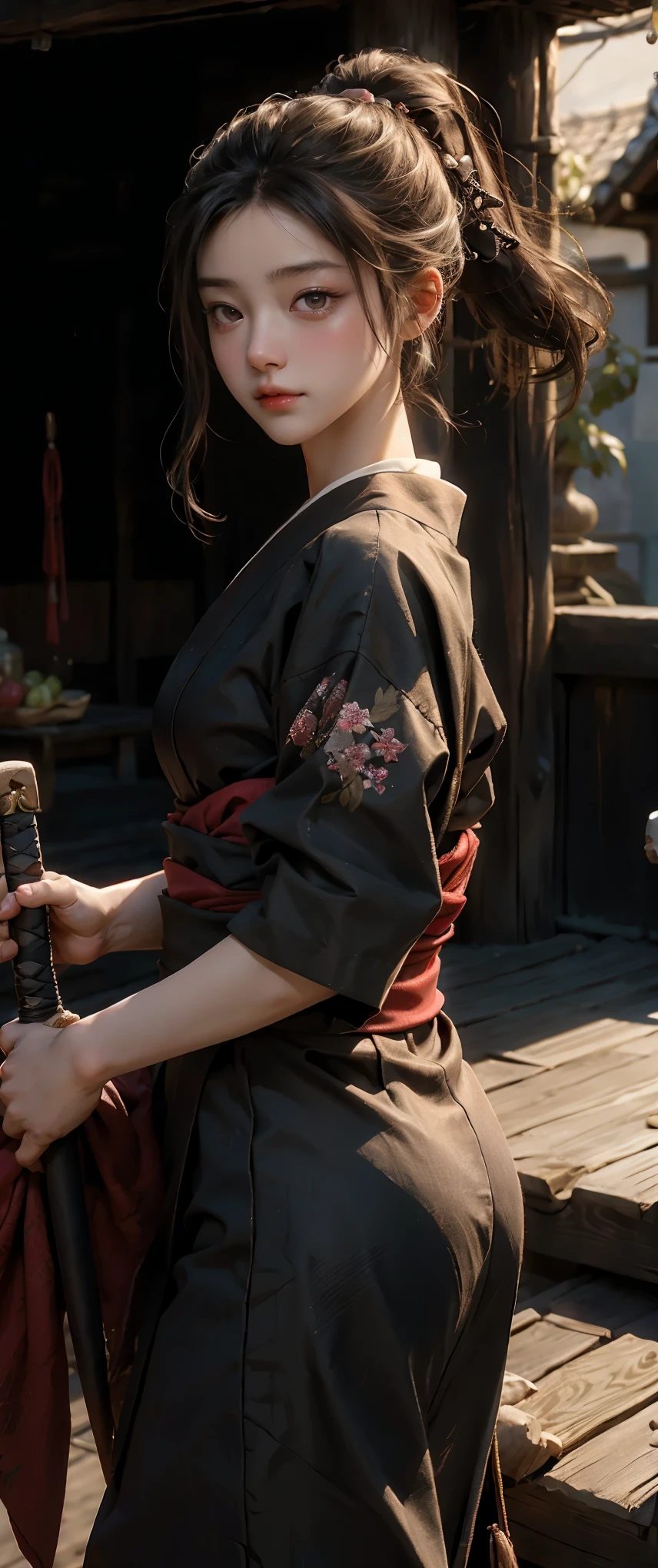 masterpiece、highest quality、超High resolution、realistic skin texture、Wearing Japanese kimono and hakama、realistic、High resolution、RAW photo、shiny skin、realistic skin texture、best lighting、shine、dramatic lighting、dynamic pose、Japan wooden house、Waitress、wield a sword、1 girl、balanced eyes、Wearing Japanese kimono and hakama、ponytail、blue eyes、look at the audience、 big breasts、big ass、