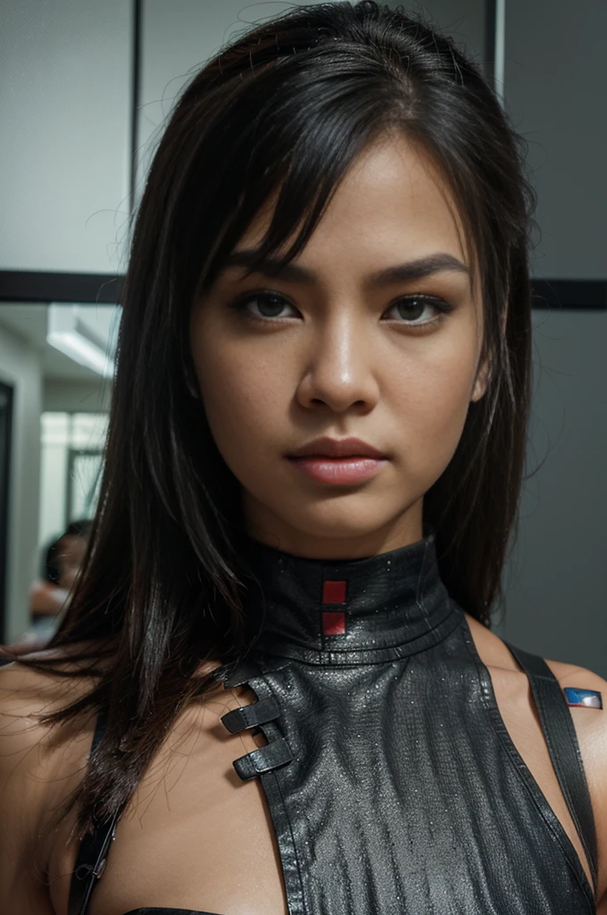 indonesian girl, (very young, adolescent), (curly green mullet, very small breasts, very skinny, nose ring), (black latex bodysuit, choker), (close shot, face shot, intimate camera, cinematic)