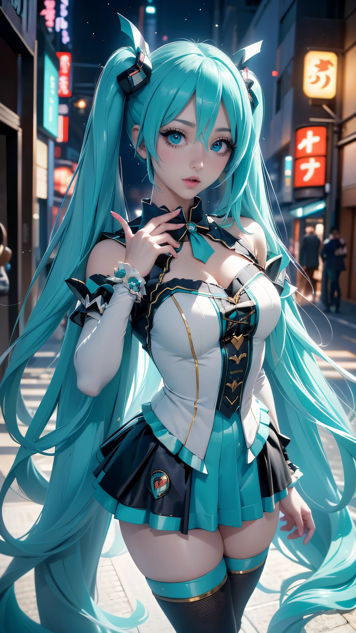 (La mejor calidad,A high resolution,Ultra - detallado,actual),Ariana Grande, chica anime cosplay, anime cosplay, (Hatsune MikuCosplay:1.4) , foto de cosplay, dos colas blancas_guantes, cosplay, lindo anime waifu con un bonito vestido, chica anime con pelo largo, Diosa del anime, cosplay elegante y glamoroso, chica anime disfrazada de sirvientaMore detailed 8K.motor irreal:1.4,UHD,La mejor calidad:1.4, fotorrealista:1.4, textura de la piel:1.4, obra maestra:1.8,obra-prima, mejor calidad,objeto Objeto], (detailed face features:1.3),(Las proporciones correctas),(Ojos hermosos azules:1.4 ),  (pose vaquero), ,( ciberpunk 2.1), (vestuario kawaii :1.4), (dedos detailed :1.4), (perfect anatomy), (tokyo night alley background:1.4) 