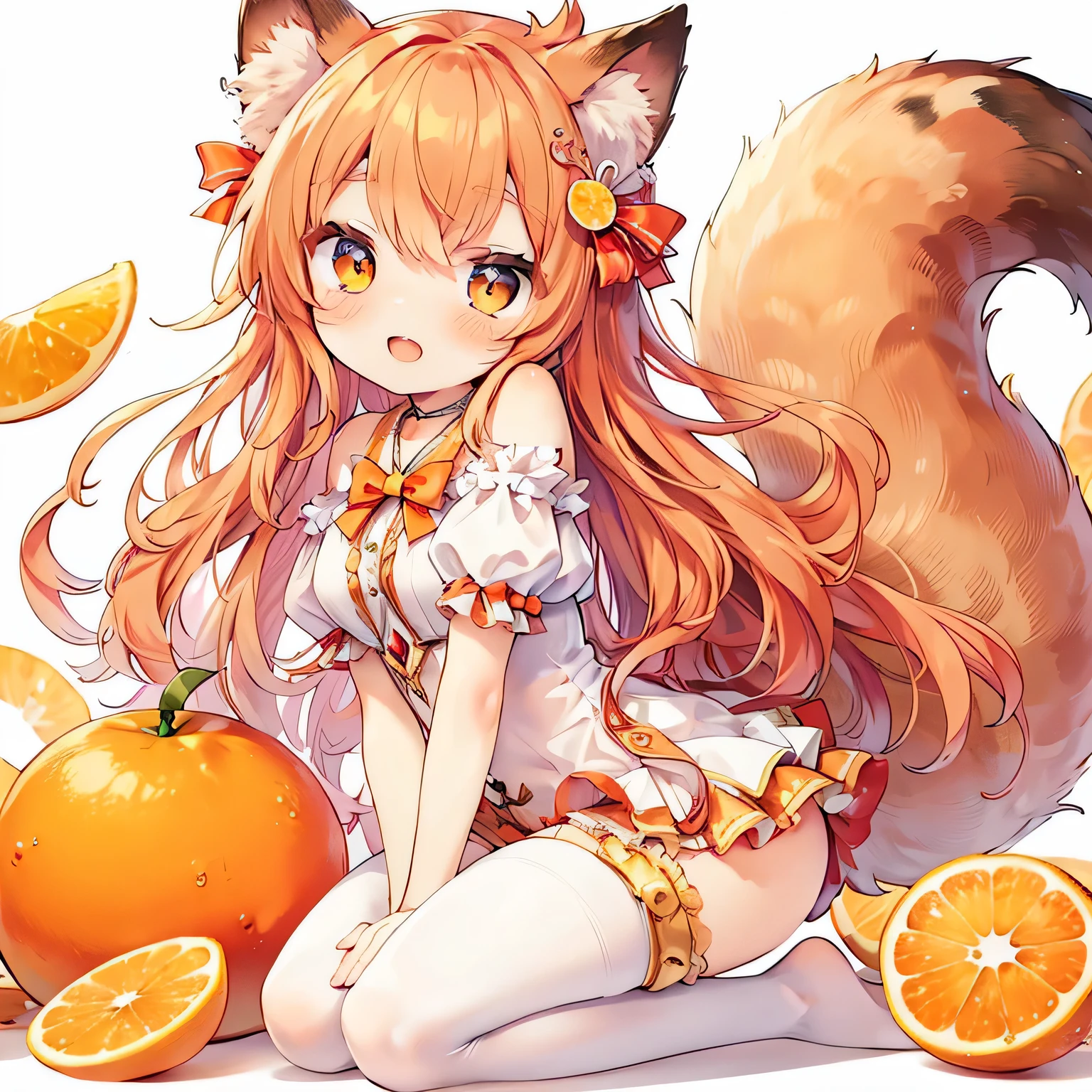 pastel watercolor anime、look at the audience、[anime girl with long orange hair and squirrel ears holding a big orange,fullbody,squatting, girl、jewel eyes、beautiful arrangements and motifs、written boundary depth、flat avatar, 1girl, smile, light orange hair((Squirrel ears wavy hair growing on the head))、The tips of the squirrel’s ears are orange、orange object、orange hair tips, Fashionable design clothes((orange and white)),background white, cute girl、orange theme、orange juice、a lot of big oranges、orange hair ornament]、anime girl with oranges and a cat tail, fluffy orange skin, cute anime catgirl, very beautiful anime cat girl, beautiful anime catgirl, cute anime, foxgirl, anime catgirl, fox tail, anime style 4 k, cute anime girl, cutecore, anime girl with cat ears, anime cat, high quality anime artstyle, (anime girl)
