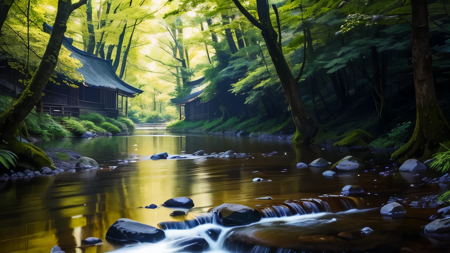 I took photos of a peaceful moment spent in nature.。wood々Imagine a peaceful landscape with soft morning light shining through the space.。A calm stream meandering、Surrounded by lush greenery。In the foreground、people sitting quietly on the bank、Are you meditating?、Perhaps they are simply soaking in the calmness of their surroundings.。The overall atmosphere is calm and connected to the natural world.、Highlights the beauty and peace of outdoor moments。






