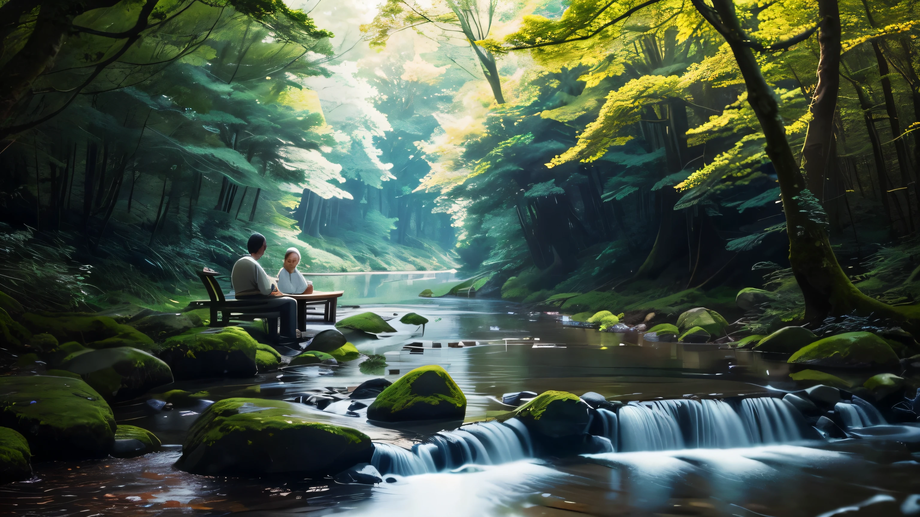 I took a photo of a peaceful moment spent in nature..。wood々Imagine a peaceful landscape bathed in soft morning light.。.。a gentle meandering stream、Surrounded by lush greenery。In the foreground、a person sitting quietly on the shore々、do you meditate?、Perhaps they are simply soaking in the calmness of their surroundings.。The overall atmosphere is calm and connected to the natural world.、Highlights the beauty and serenity of outdoor moments。