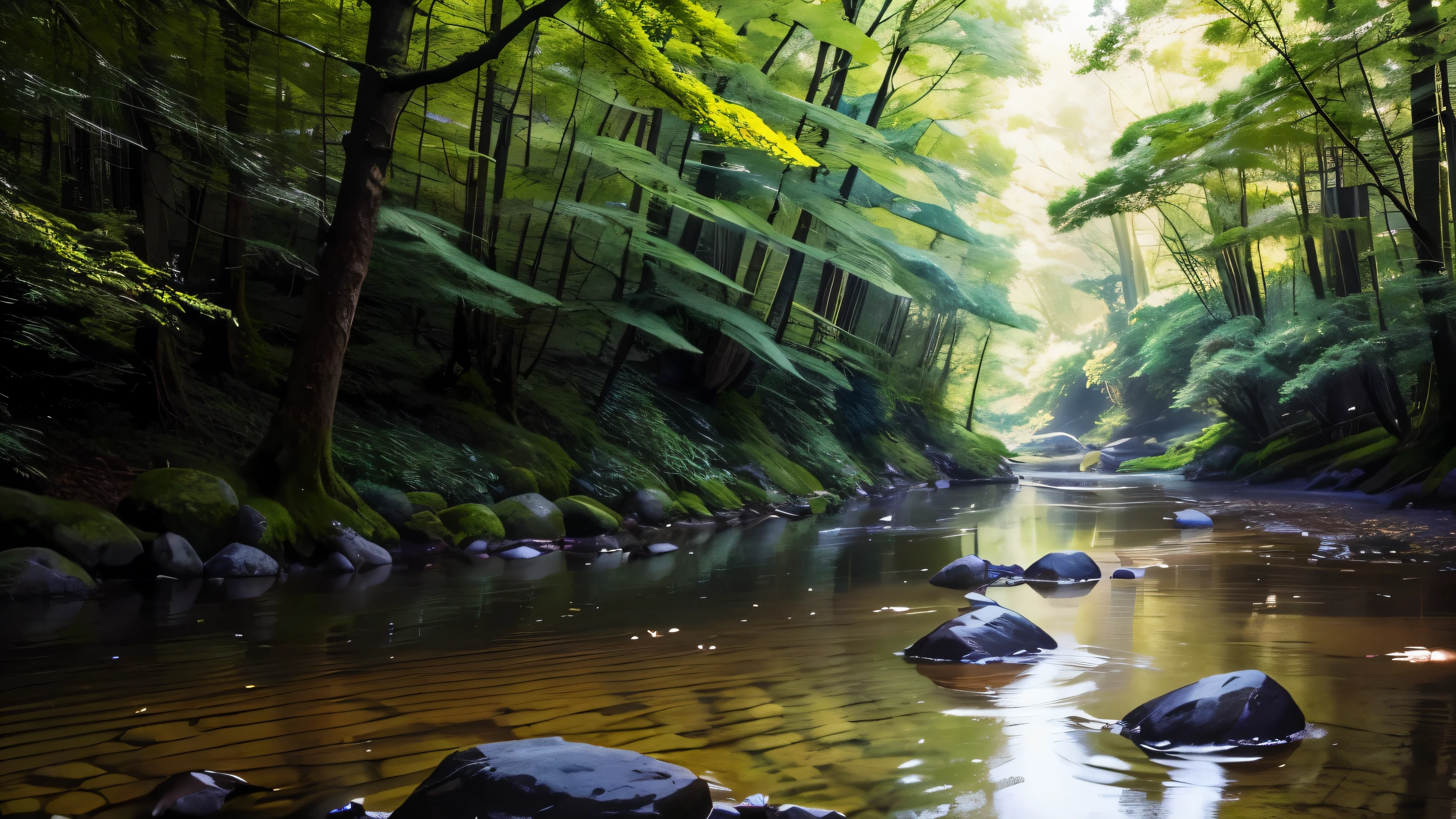I took a photo of a peaceful moment spent in nature..。wood々Imagine a peaceful landscape bathed in soft morning light.。.。a gentle meandering stream、Surrounded by lush greenery。In the foreground、a person sitting quietly on the shore々、do you meditate?、Perhaps they are simply soaking in the calmness of their surroundings.。The overall atmosphere is calm and connected to the natural world.、Highlights the beauty and serenity of outdoor moments。