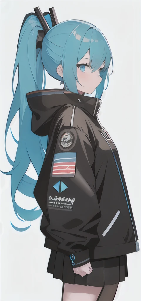 blue hair、anime girl with blue eyes and ponytail in a black jacket, from arknights, anime waifu, mikudayo, anime moe art style, girl frontline style, perfect android girl, small details. girl frontline, profile of anime girl, from girl frontline, anime girl, perfect android girl family, arknights, seductive anime girl, High quality anime art style, attractive anime girl