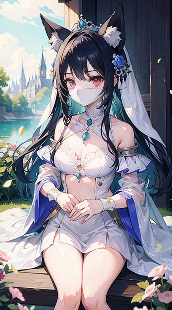 high quality, masterpiece, super detailed, 1 girl, extremely detailed faces,white lace bikini，white cloak，princess crown，Calm expression,White cloth gag，handcuffs，Collar，long black hair, charming pink eyes, fox ears,  castle，garden，waterside，