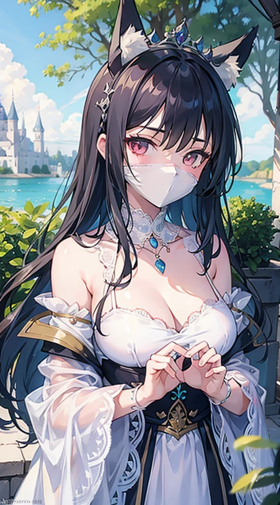 high quality, masterpiece, super detailed, 1 girl, extremely detailed faces,white lace bikini，white cloak，princess crown，Calm expression,White cloth gag，handcuffs，Collar，long black hair, charming pink eyes, fox ears,  castle，garden，waterside，