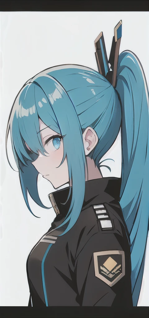 blue hair、anime girl with blue eyes and ponytail in a black jacket, from arknights, anime waifu, mikudayo, anime moe art style, girl frontline style, perfect android girl, small details. girl frontline, profile of anime girl, from girl frontline, anime girl, perfect android girl family, arknights, seductive anime girl, High quality anime art style, attractive anime girl