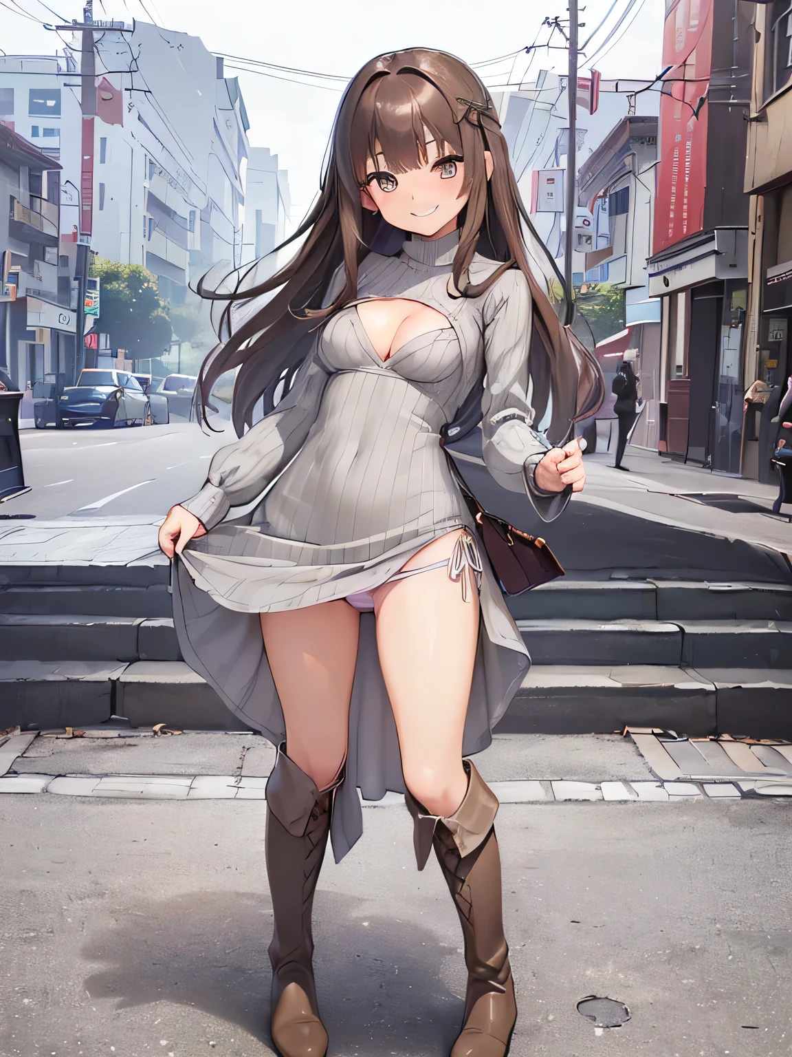 (masterpiece、highest quality、High resolution、realistic pictures、real looking skin:1.1), (She is wearing a tight gray knit minidress with long sleeves。.:1.5), (There is a small gap in the chest of that dress.、I can see the cleavage.:1.5), 1 Japanese woman, beautiful eyes, shining eyes, brown hair, medium long hair, OL, (She is rolling up the hem of her dress by herself..:1.8), (Iのパンティー々I&#39;Iはそれを人に見せています:1.8), (brown long boots:1.8), (fancy pattern panties: 1.5), (provocative and grinning expression:1.5), (Are standing:1.5), (The place is a park:1.5), (full body figure:1.5), NSFW