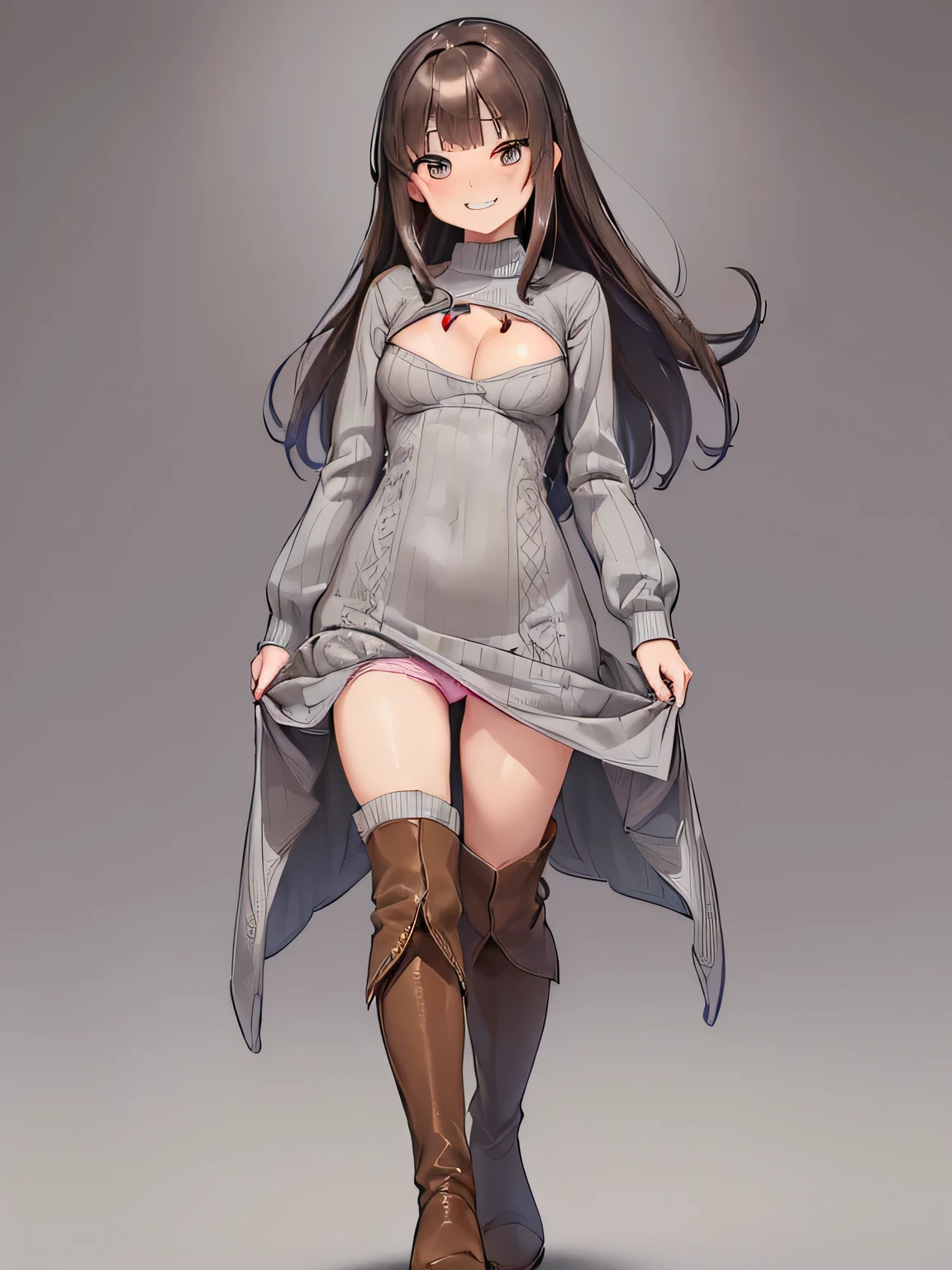 (masterpiece、highest quality、High resolution、realistic pictures、real looking skin:1.1), (She is wearing a tight gray knit minidress with long sleeves。.:1.5), (There is a small gap in the chest of that dress.、I can see the cleavage.:1.5), 1 Japanese woman, beautiful eyes, shining eyes, brown hair, medium long hair, OL, (She is rolling up the hem of her dress by herself..:1.8), (Iのパンティー々I'Iはそれを人に見せています:1.8), (brown long boots:1.8), (fancy pattern panties: 1.5), (provocative and grinning expression:1.5), (Are standing:1.5), (The place is a park:1.5), (full body figure:1.5), NSFW