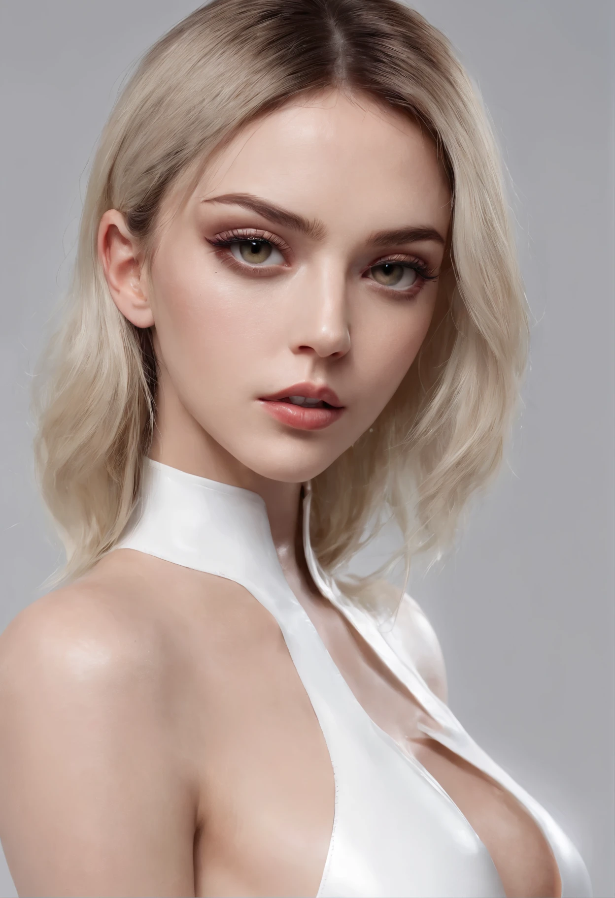 Create an image of a futuristic female AI model named 'Lumina' for a luxury modeling agency. She embodies elegance and sophistication, with a sleek, metallic skin that shimmers like polished silver. Her features are perfectly symmetrical, a harmonious blend of high fashion and technology. Lumina's expressive, bright eyes gleam with a soft, ethereal blue light, enhancing her enchanting allure. Her hairstyle is smooth and streamlined, a testament to her seamlessly blended organic and artificial nature.
Lumina gracefully wears modern, sophisticated clothes that accentuate her sophisticated AI persona. Her outfit molds flawlessly to her