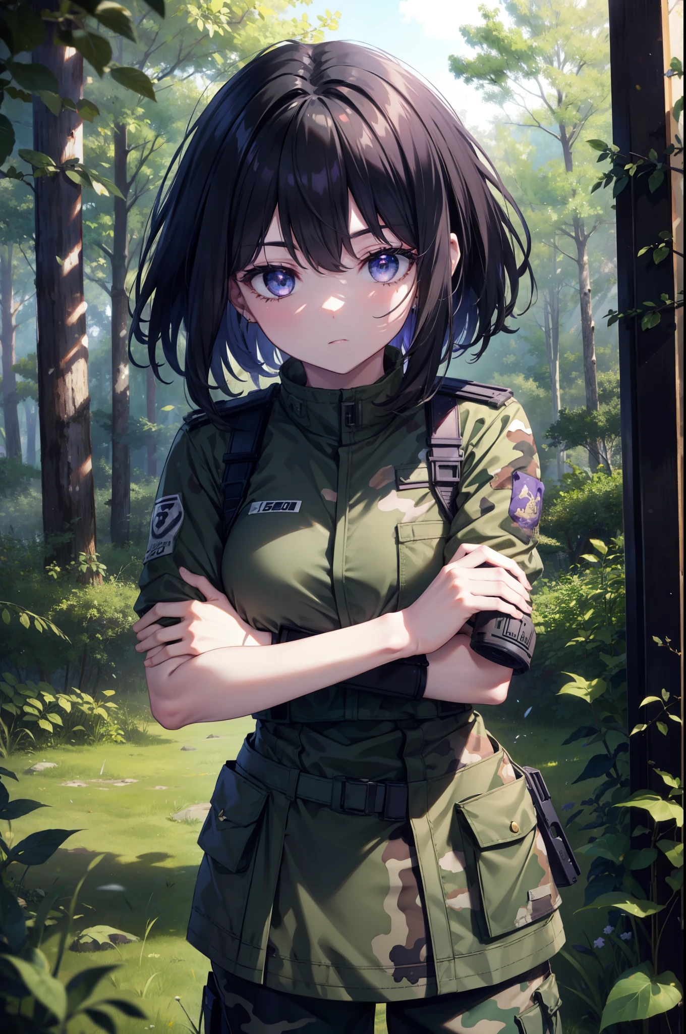 Takiuchi Kame, check it out, short hair, bangs,  black hair, (purple eyes:1.2),arms, gun, holding arms, camouflage,sniper rifle, holding, holding sniper, 50caliber,  camouflage, uniform, 
break outdoors, forest,forest林,dense forest,
break looking at viewer, (cowboy shot:1.5),
break (masterpiece:1.2), highest quality, High resolution, unity 8k wallpaper, (figure:0.8), (detailed and beautiful eyes:1.6), highly detailed face, perfect lighting, Very detailed CG, (perfect hands, perfect anatomy),