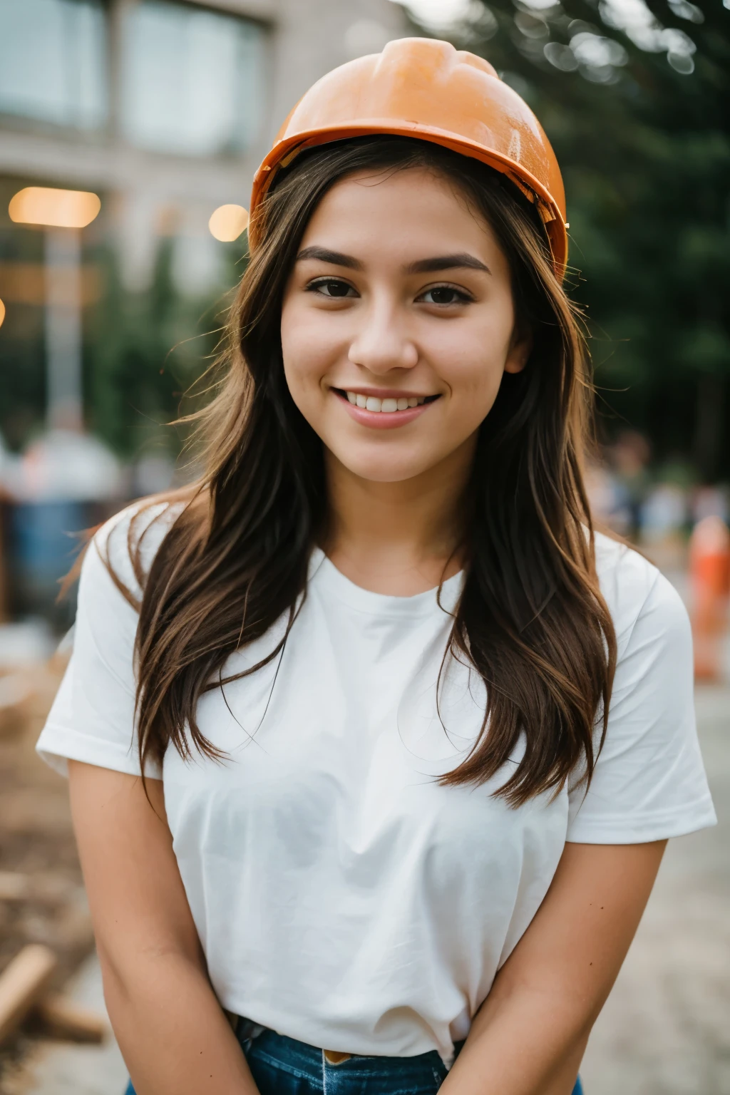 instagram photo, full body closeup face photo of 18 y.o woman embracing her role as a construction worker, beautiful face, makeup, her warm smile contrasting with her rugged attire, portraying strength as a construction worker, Sony A6400 with 16-50mm f/3.5-5.6 lens, balanced outdoor light, lifestyle photography. bokeh, motion blur